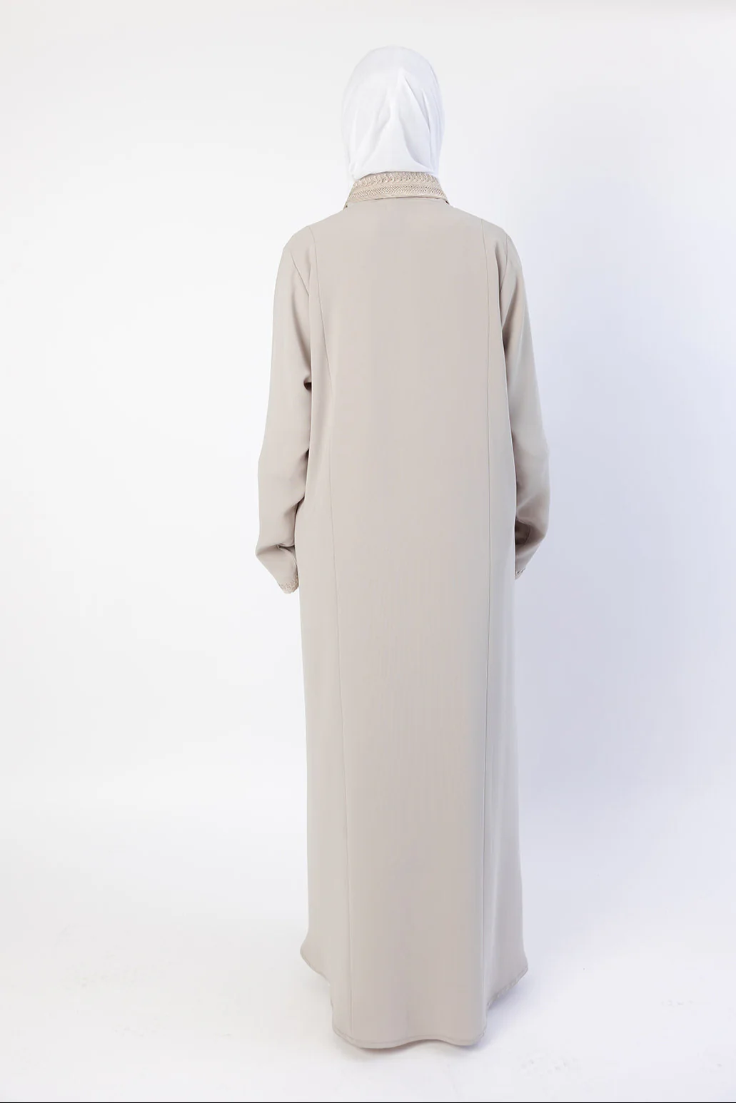 Beige Embroidered Collar and Cuffs Open Abaya - Image 5