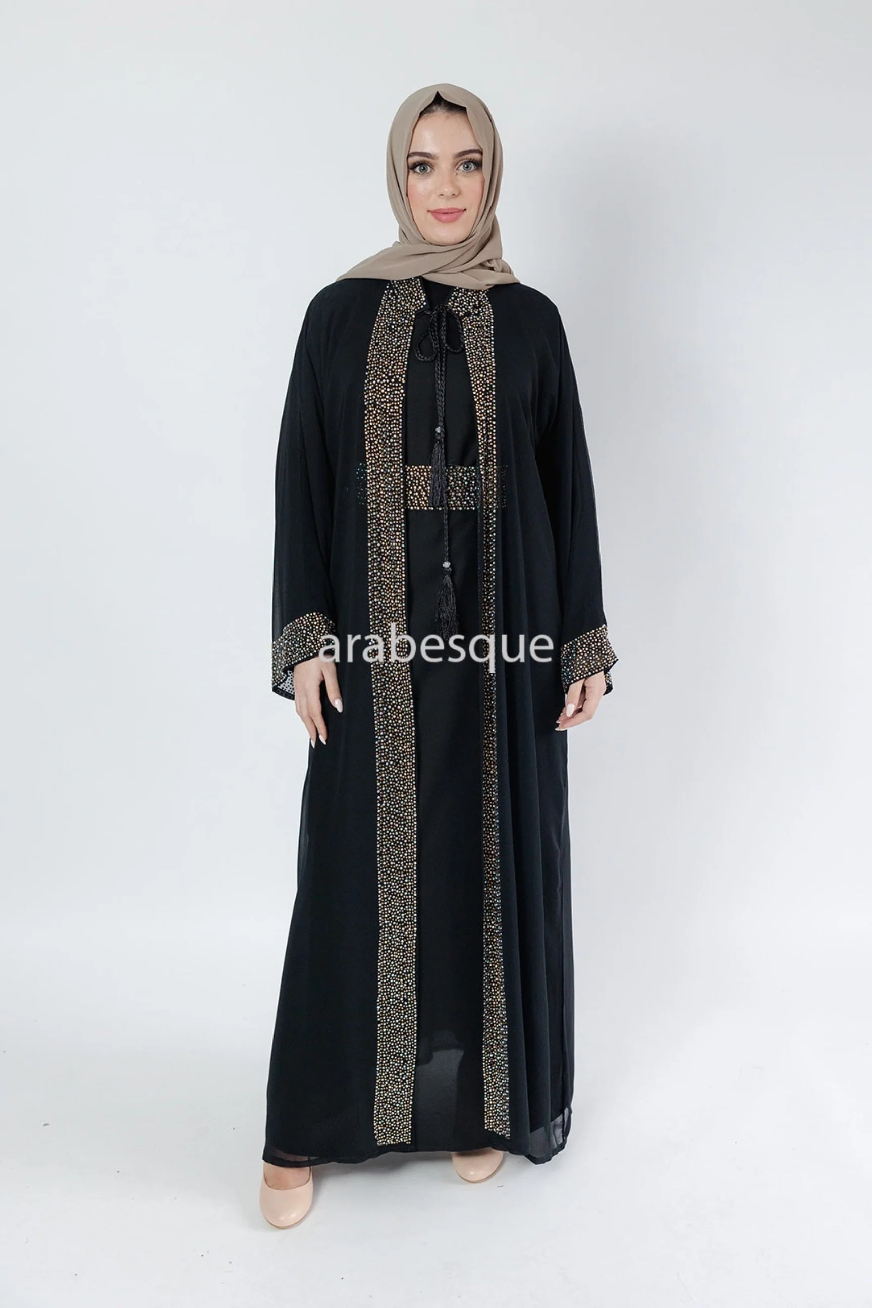 Black Luxury Abaya Set – Gold Diamante Detailing with Belt, Slip and Chiffon Overlay - Image 3