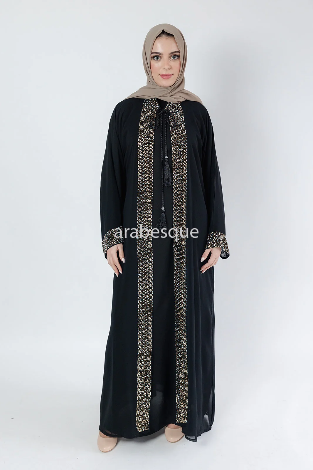 Black Luxury Abaya Set – Gold Diamante Detailing with Belt, Slip and Chiffon Overlay - Image 4