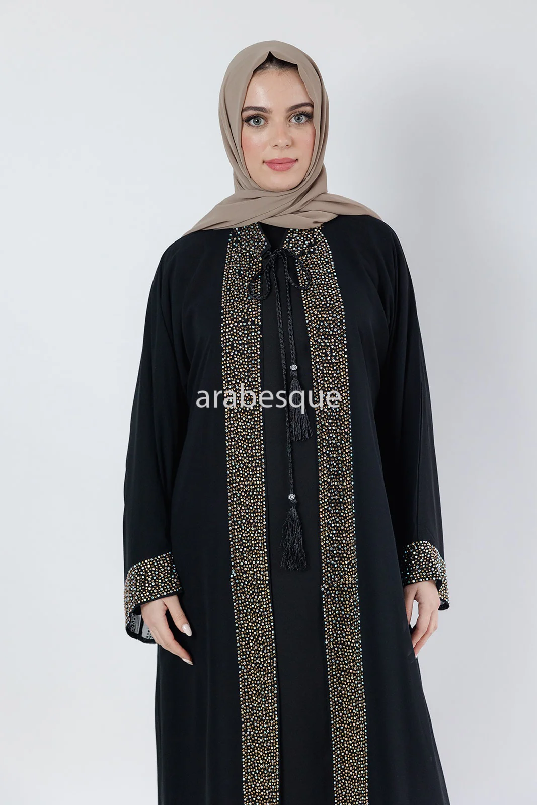 Black Luxury Abaya Set – Gold Diamante Detailing with Belt, Slip and Chiffon Overlay - Image 5