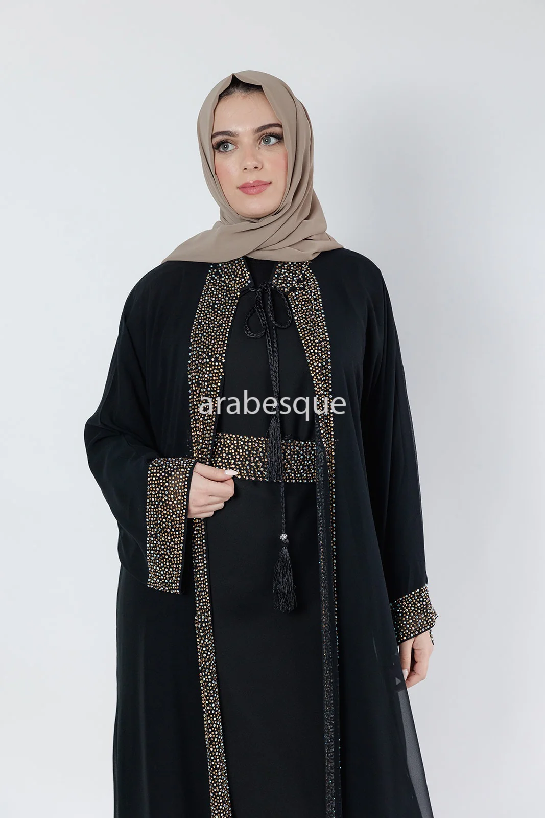 Black Luxury Abaya Set – Gold Diamante Detailing with Belt, Slip and Chiffon Overlay - Image 6