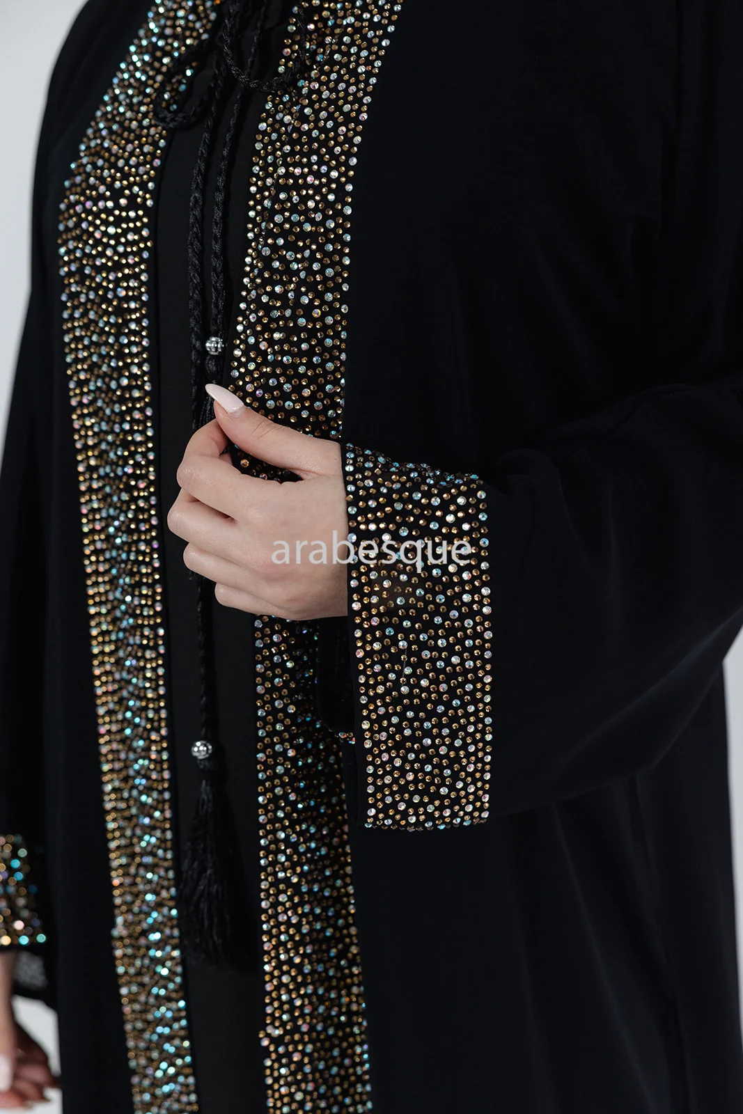 Black Luxury Abaya Set – Gold Diamante Detailing with Belt, Slip and Chiffon Overlay - Image 7