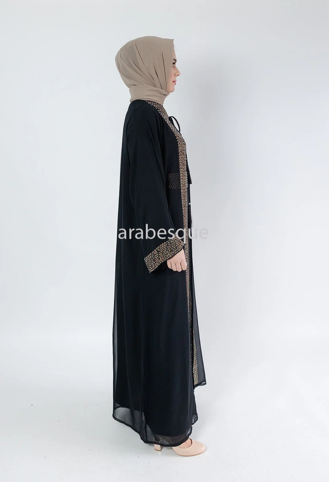 Black Luxury Abaya Set – Gold Diamante Detailing with Belt, Slip and Chiffon Overlay - Image 8