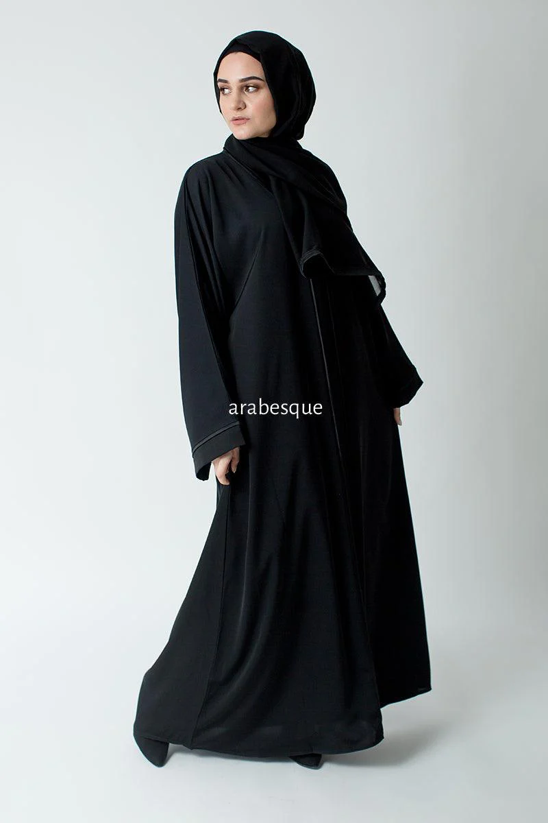 Premium Black Closed Abaya – Line Border Design with Pocket and Matching Scarf - Image 4