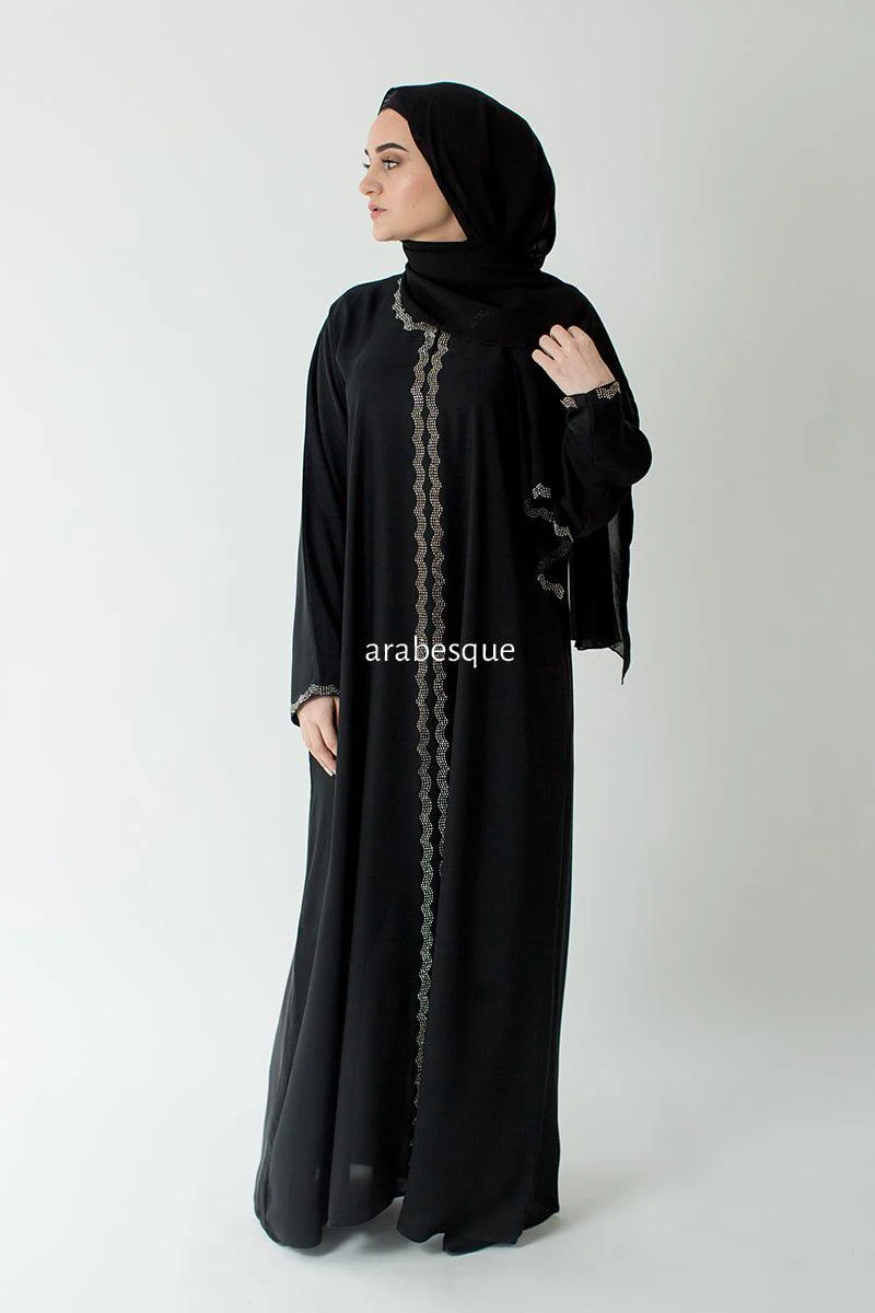 Black Closed Abaya – Silver Diamante Border Design - Image 5