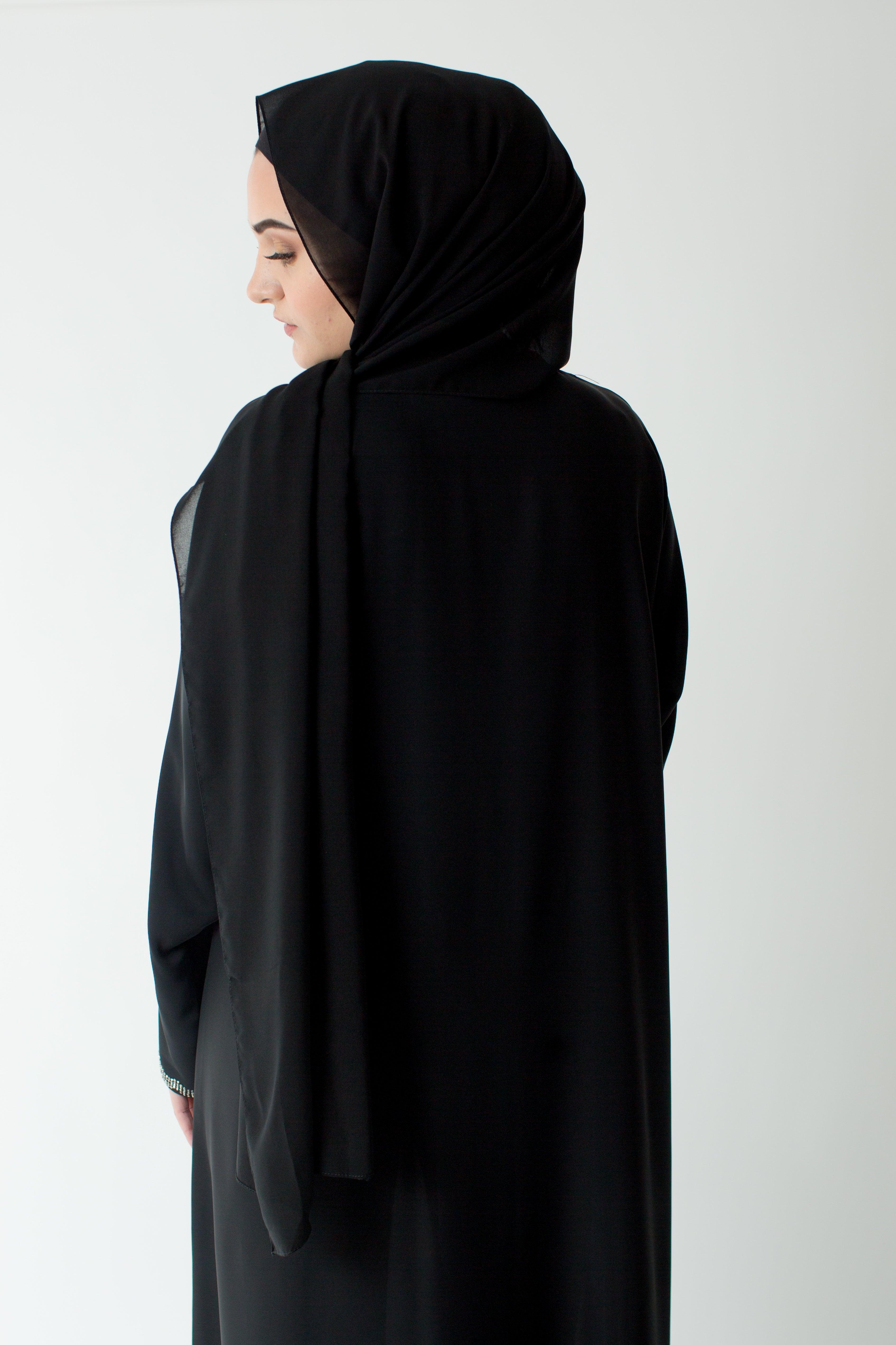Black Closed Abaya – Silver Diamante Border Design - Image 6