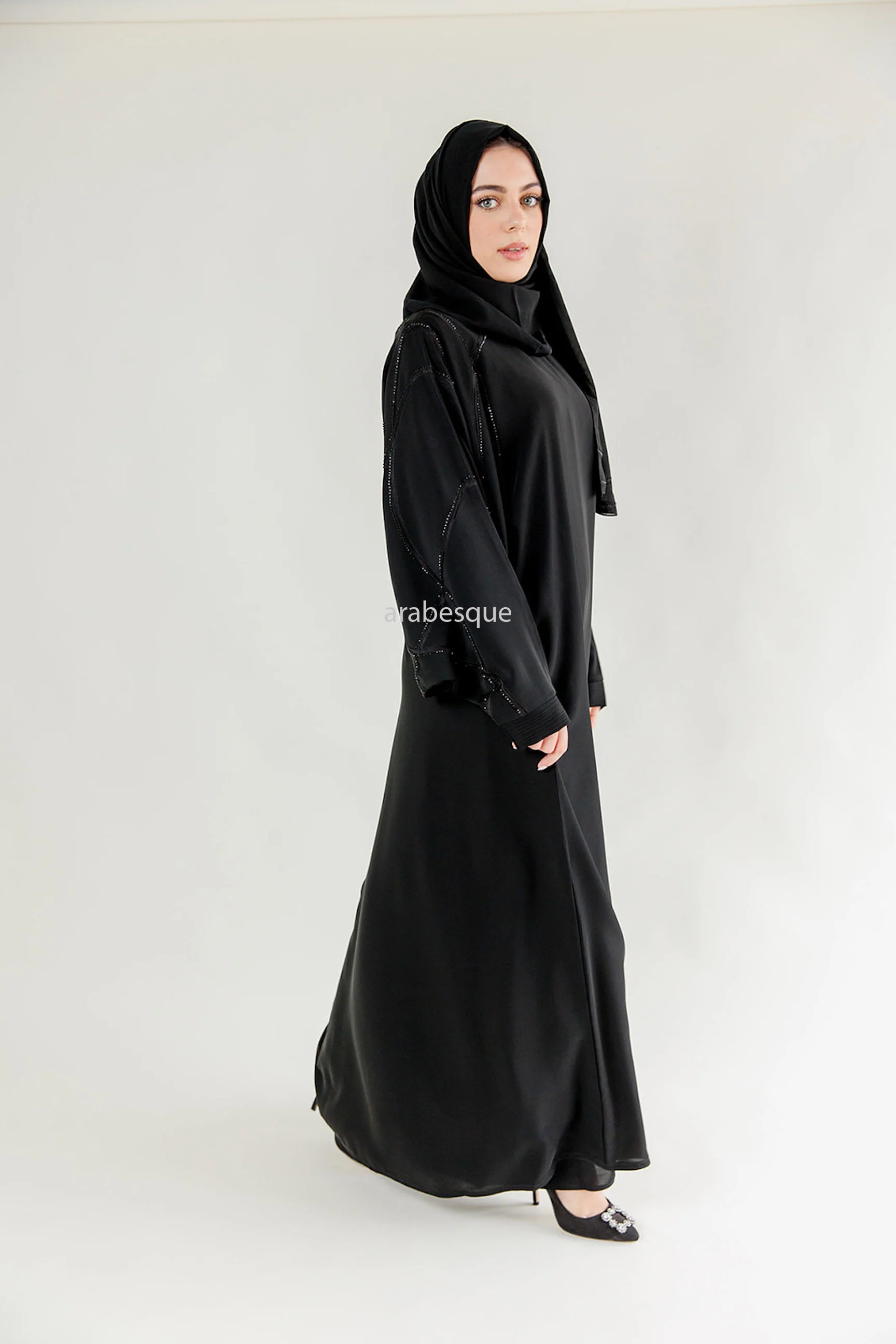 Black Farasha Abaya – Open Design with Black Embroidered & Diamanté Detailing - Image 4