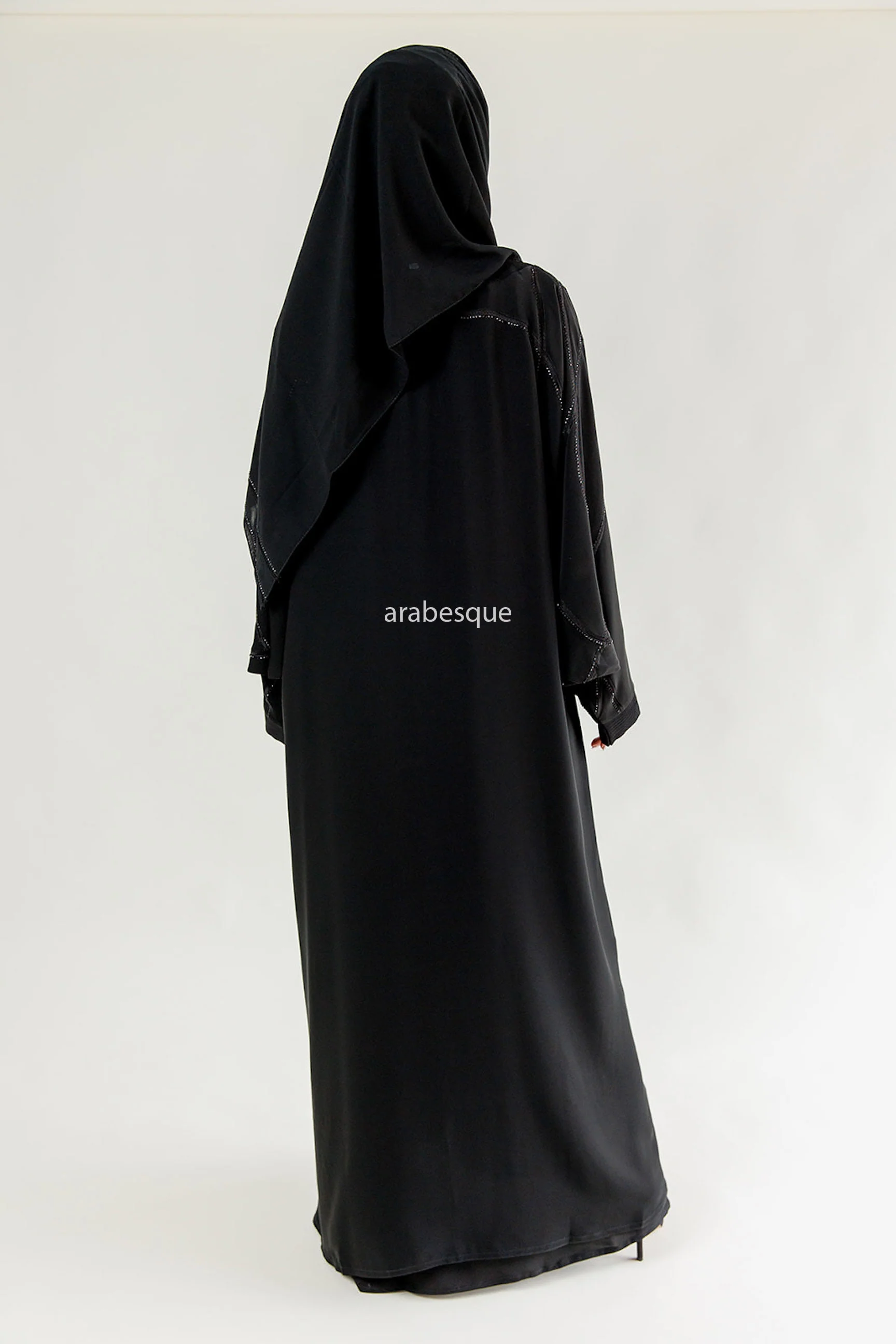 Black Farasha Abaya – Open Design with Black Embroidered & Diamanté Detailing - Image 5