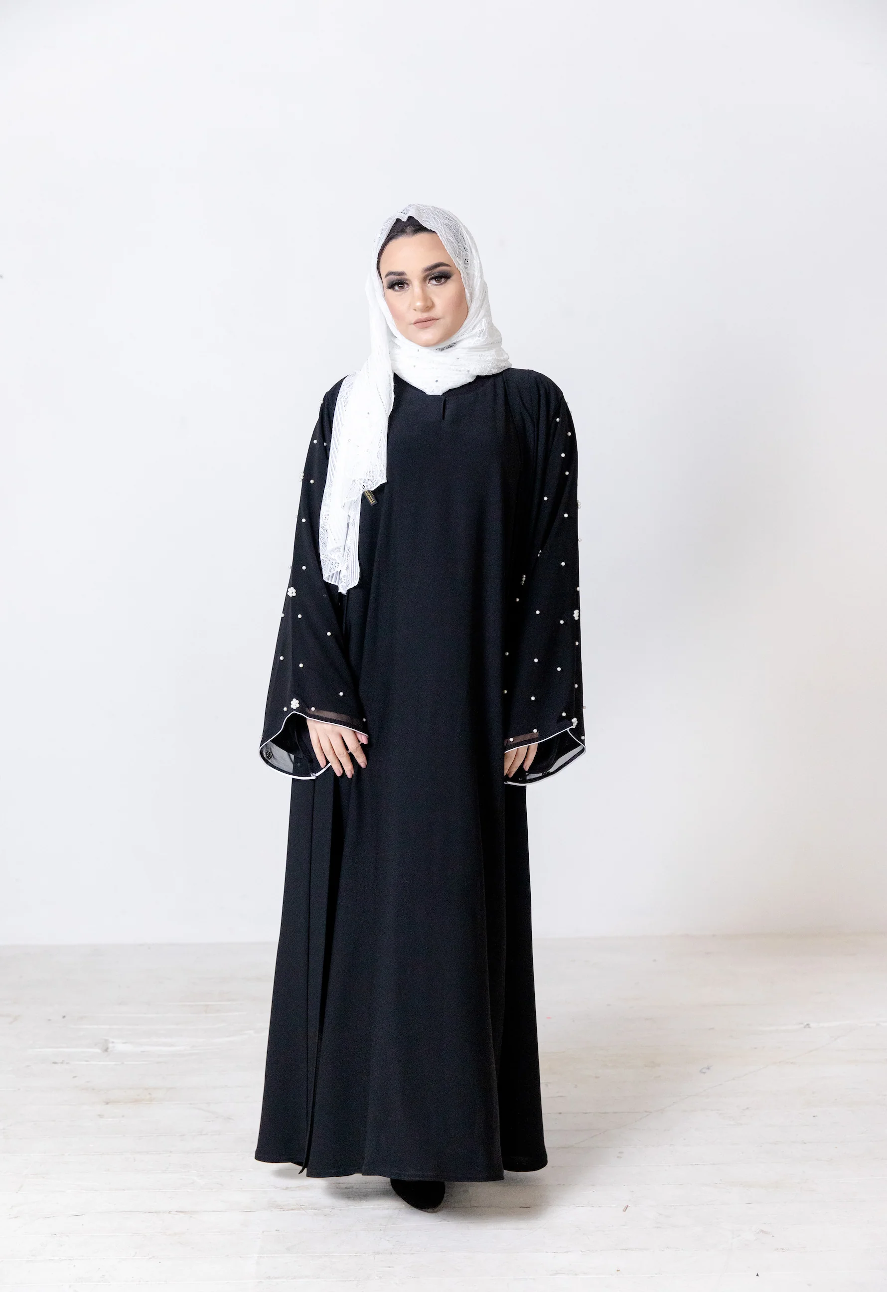 Black Faux Double Abaya with White Pear Embellishment and Chiffon Sleeves - Image 3
