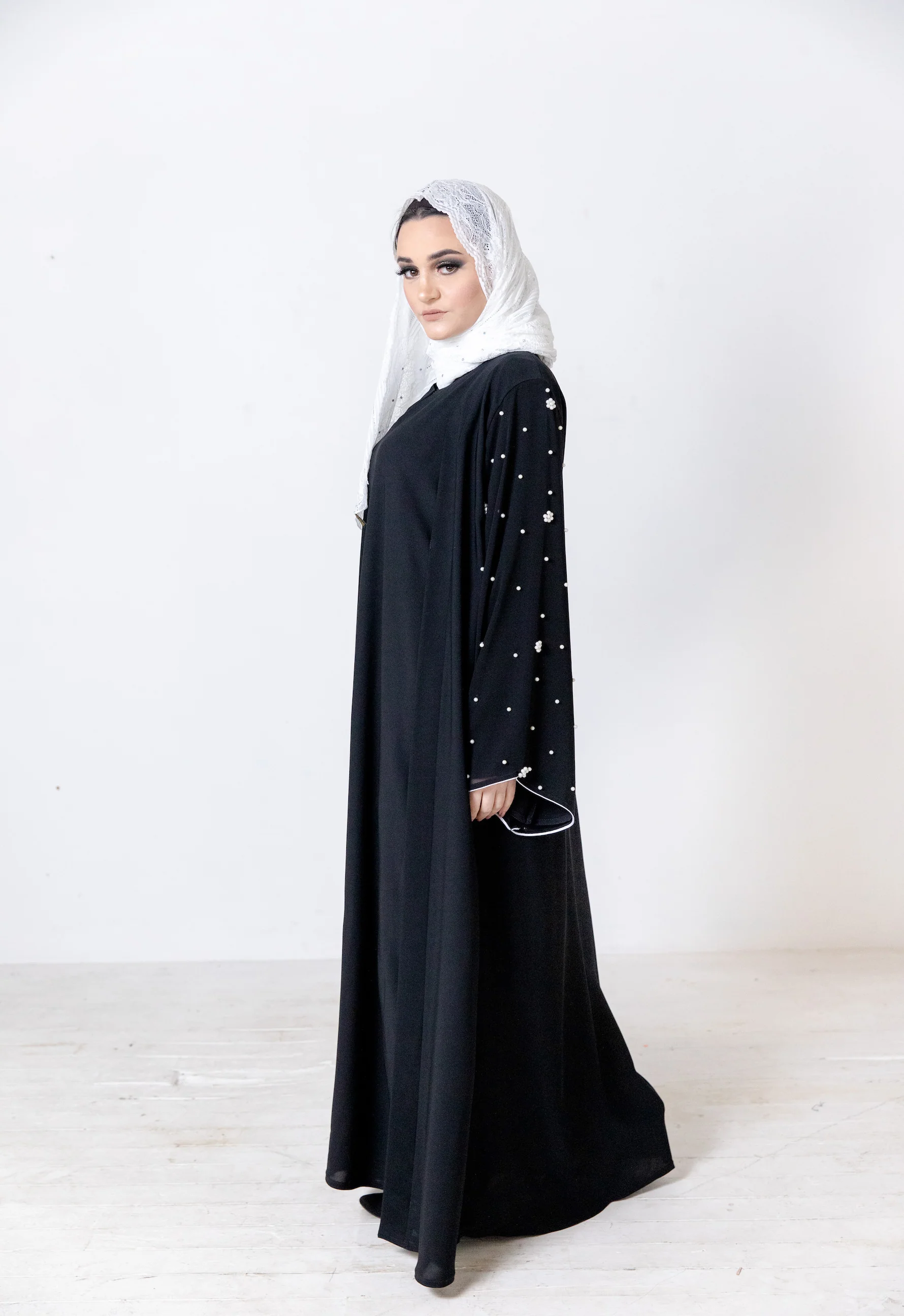 Black Faux Double Abaya with White Pear Embellishment and Chiffon Sleeves - Image 4