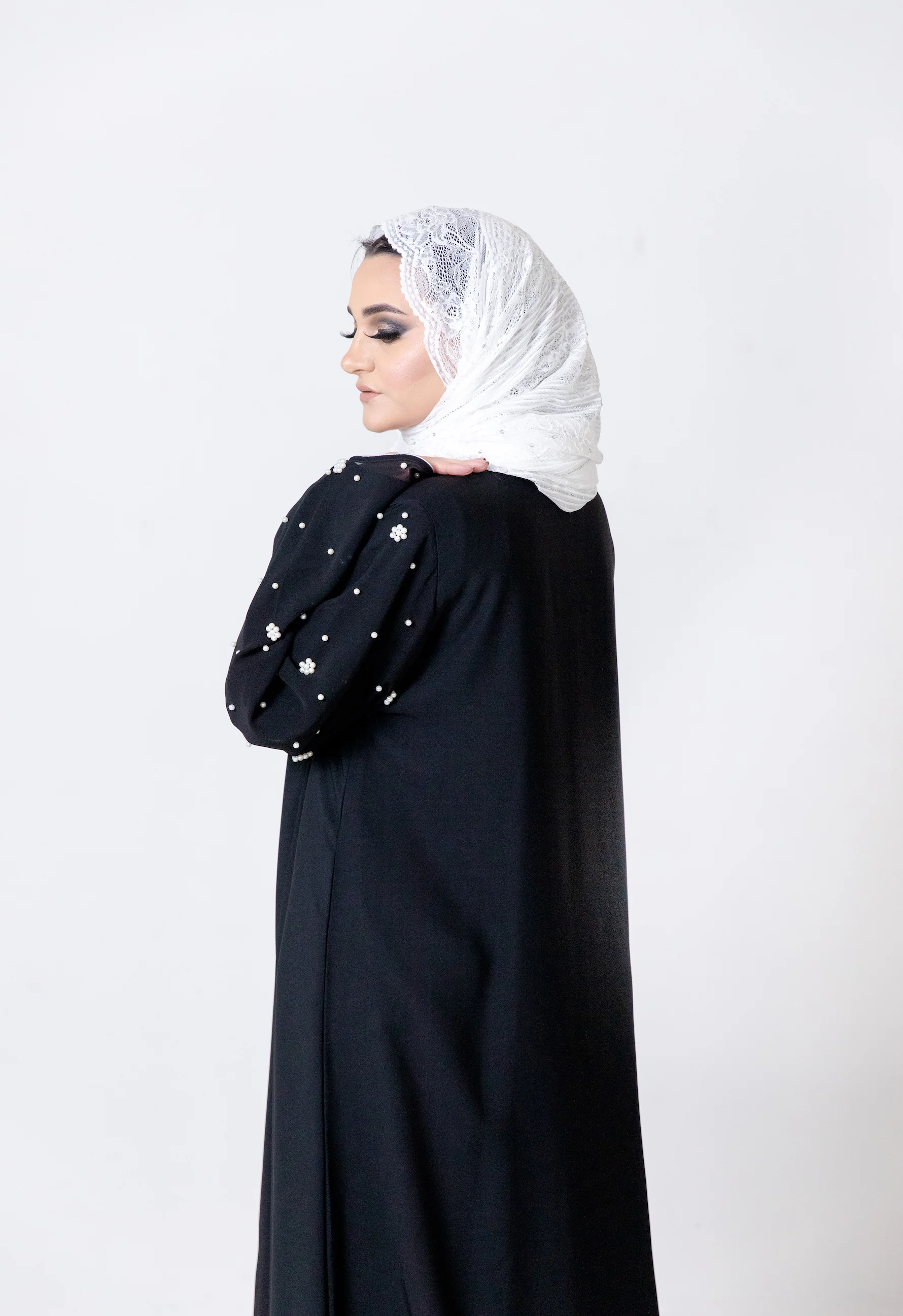 Black Faux Double Abaya with White Pear Embellishment and Chiffon Sleeves - Image 5