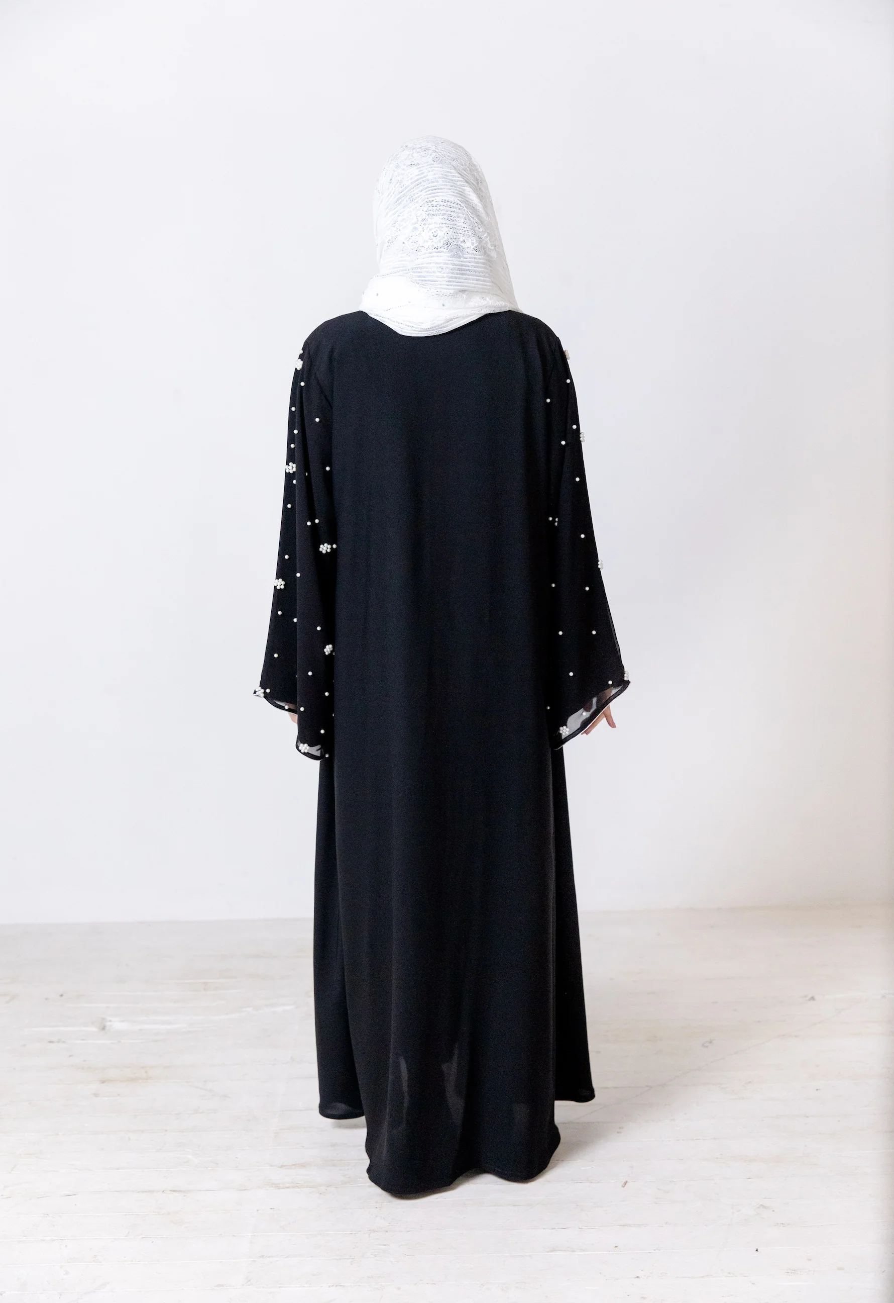 Black Faux Double Abaya with White Pear Embellishment and Chiffon Sleeves - Image 6