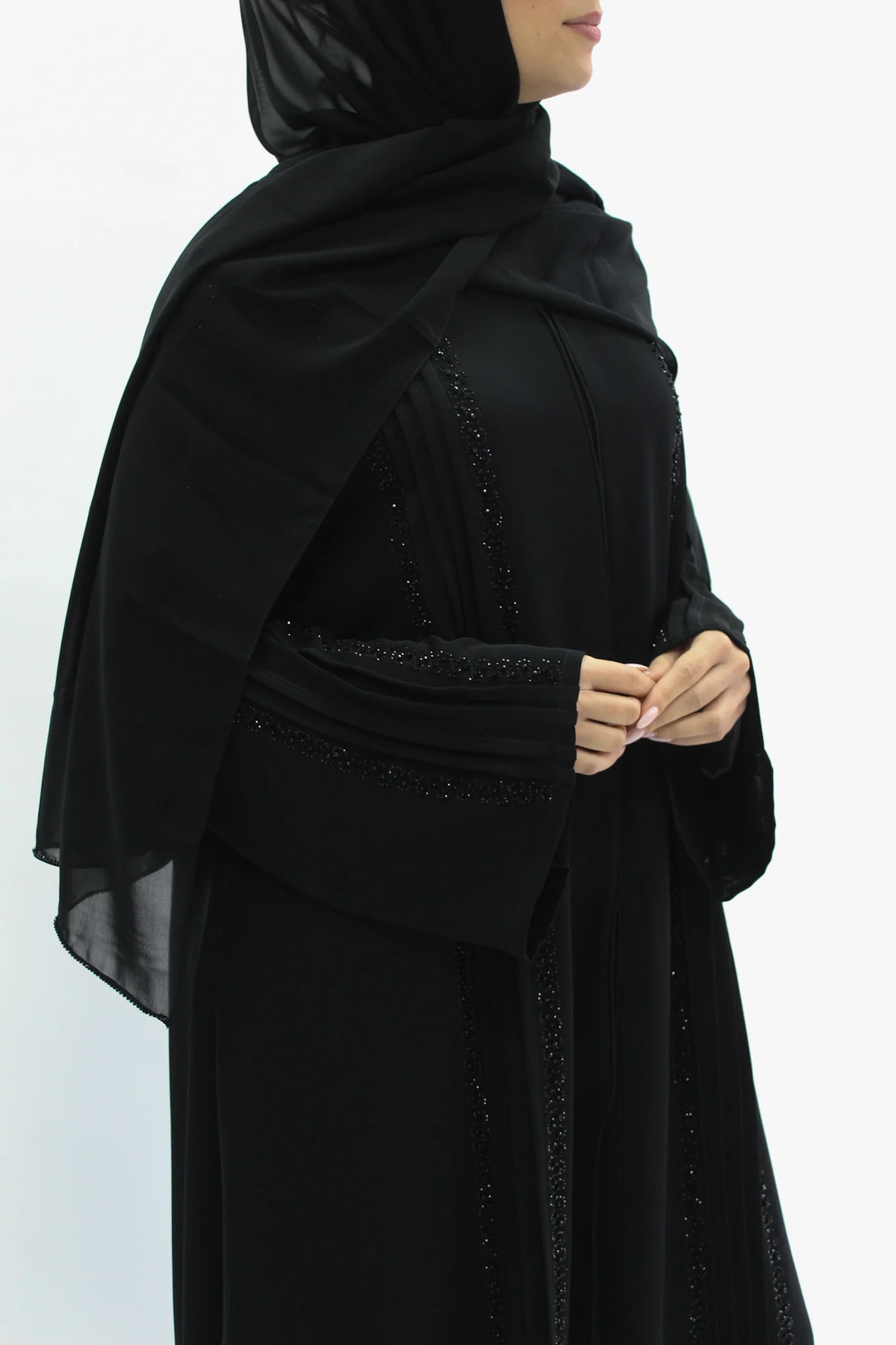 Black Luxury Open Abaya with Folds and Beadwork detailing - Image 3