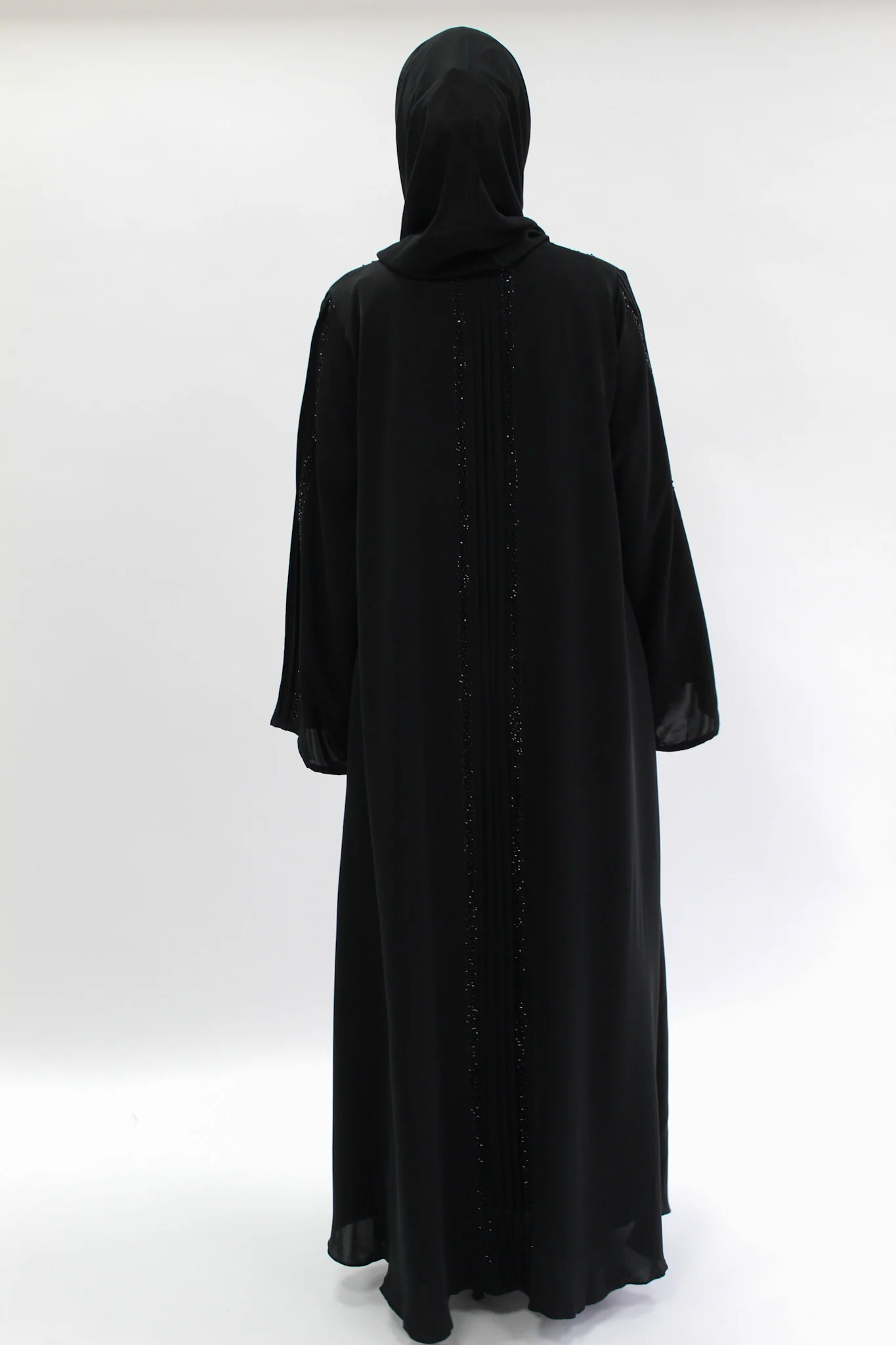 Black Luxury Open Abaya with Folds and Beadwork detailing - Image 5