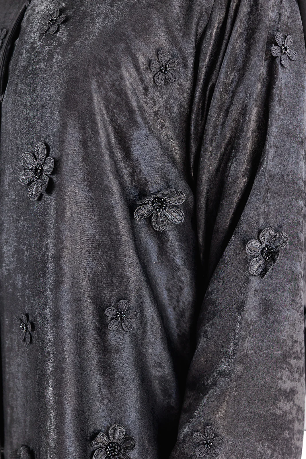 Black Open Abaya – Luxury Shimmer Finish with Black Floral Embellishments - Image 3
