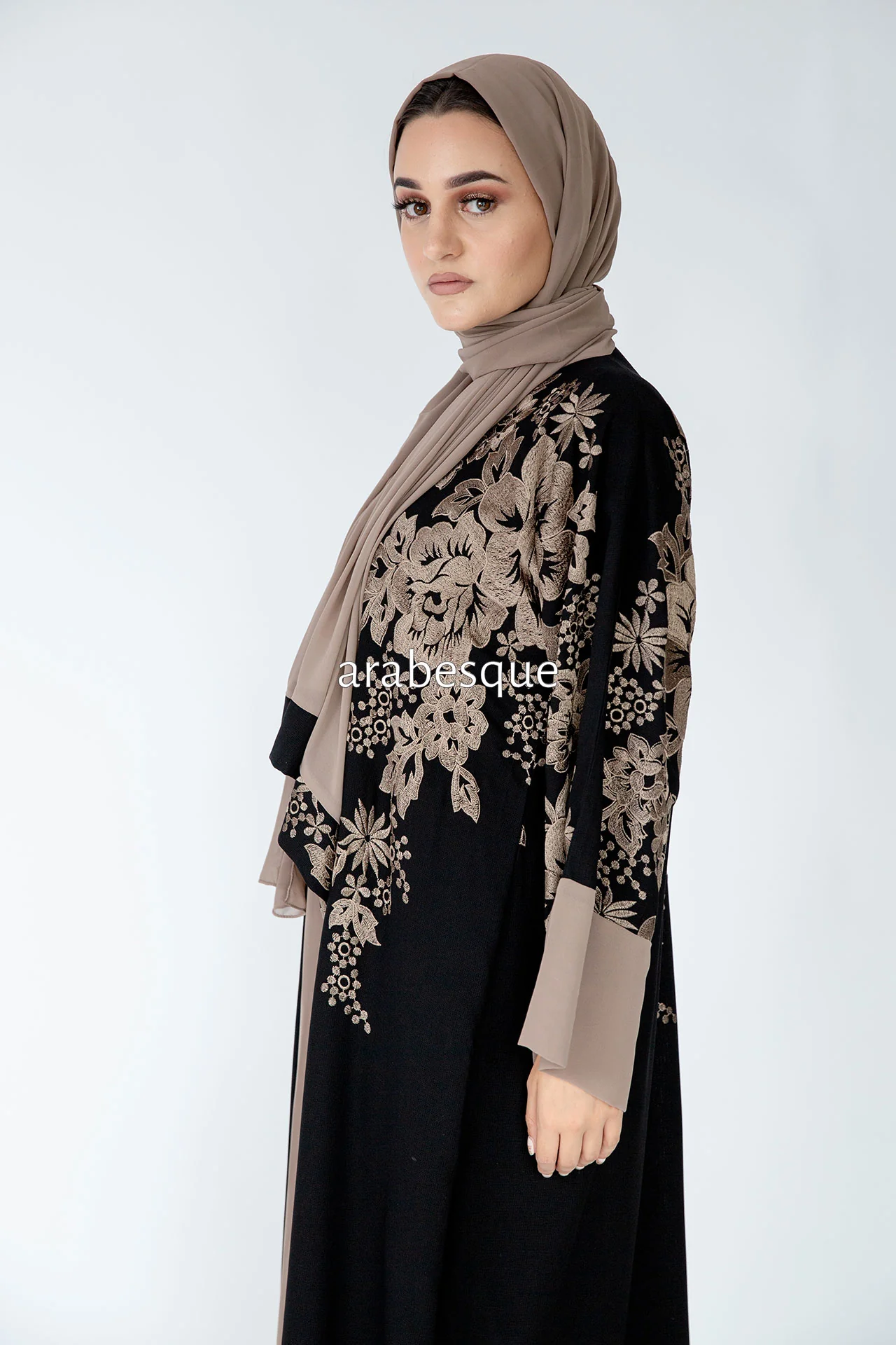 Black Open Abaya – Leaf Embroidery with Mink Chiffon Border Design - Image 3