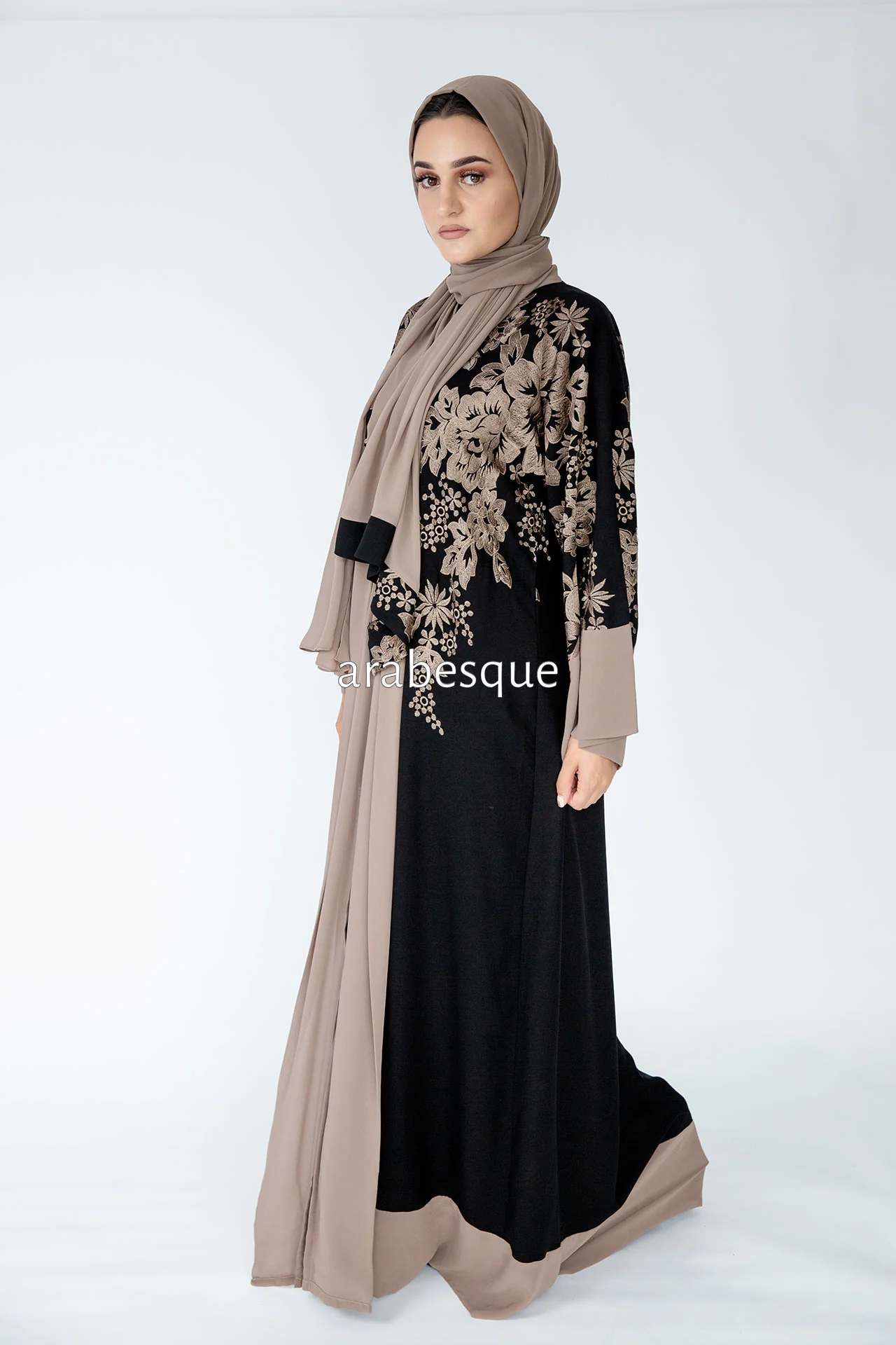 Black Open Abaya – Leaf Embroidery with Mink Chiffon Border Design - Image 4