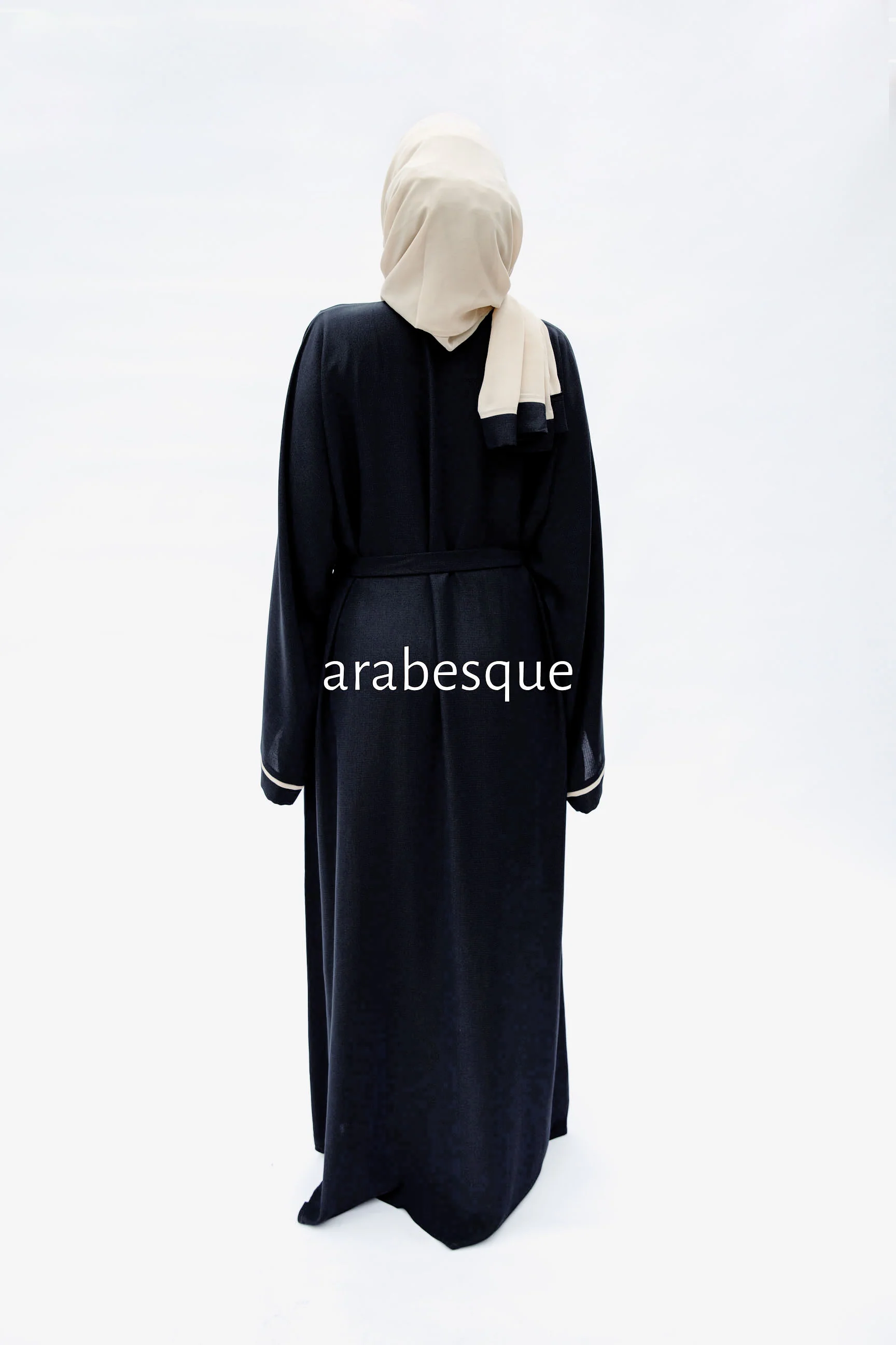 Black Open Abaya – Luxe Piping Design with Belt - Image 3