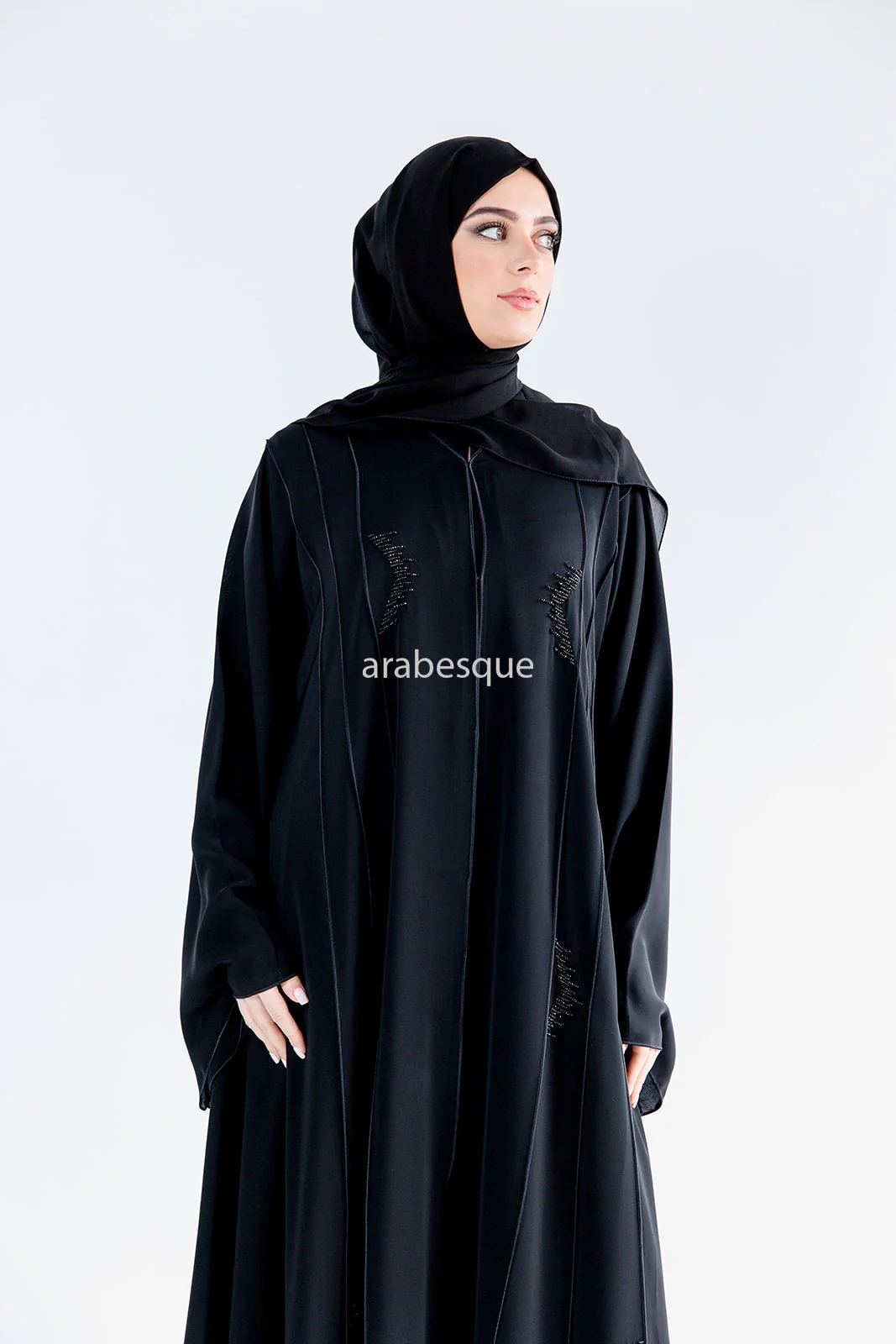 Black Open Abaya – Luxury Black Beaded Umbrella Design with Striped Detailing - Image 3