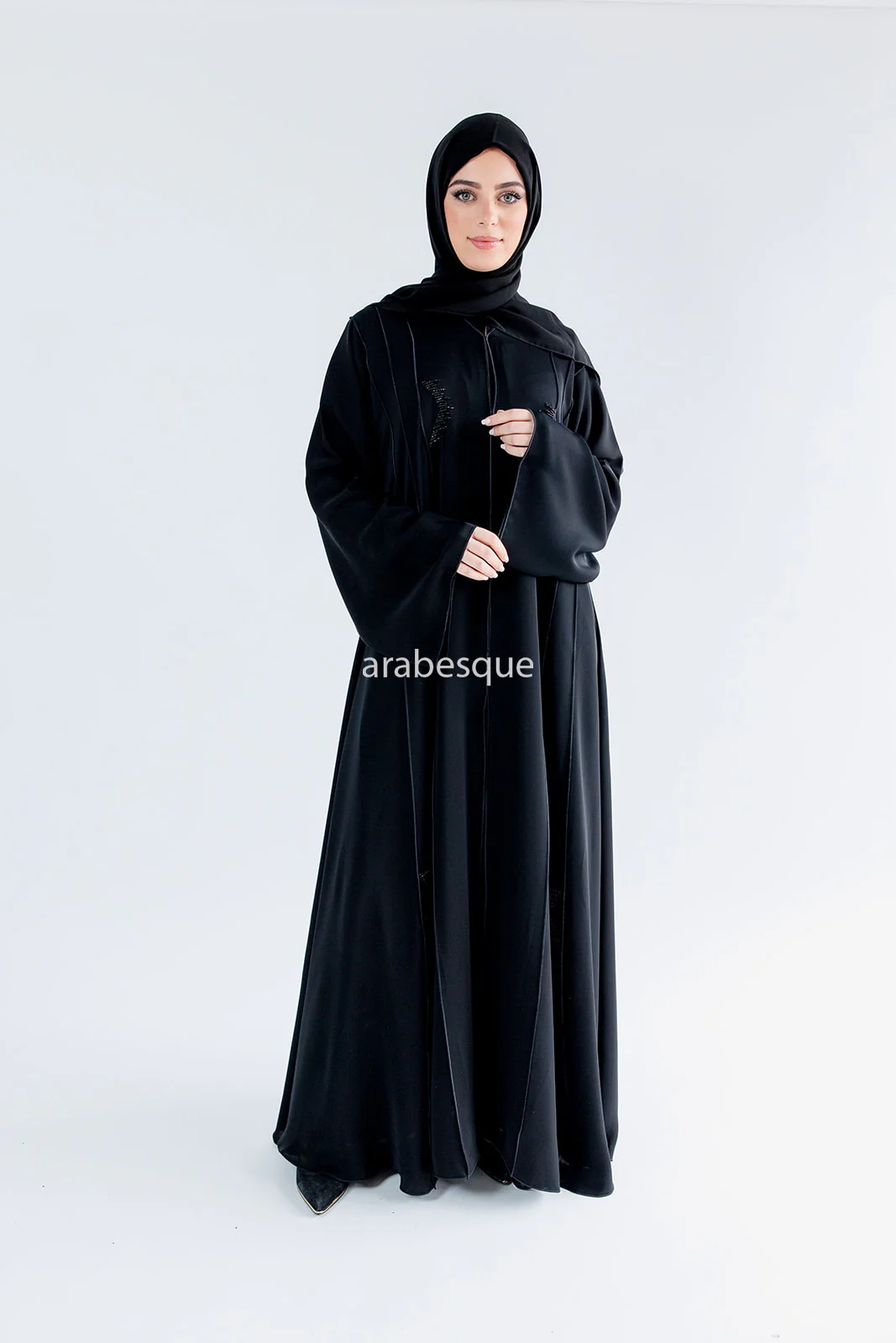 Black Open Abaya – Luxury Black Beaded Umbrella Design with Striped Detailing - Image 4