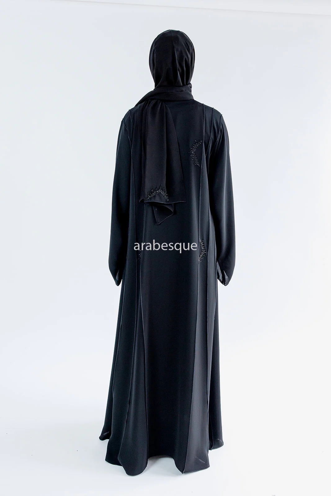 Black Open Abaya – Luxury Black Beaded Umbrella Design with Striped Detailing - Image 5