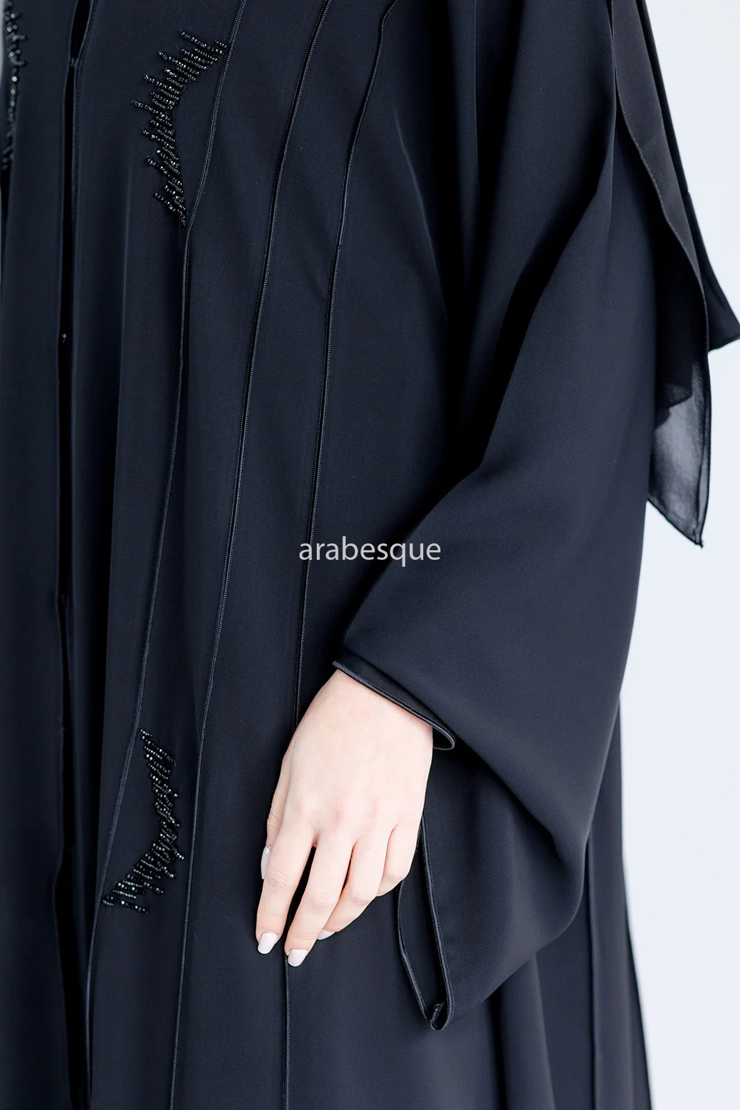Black Open Abaya – Luxury Black Beaded Umbrella Design with Striped Detailing - Image 6