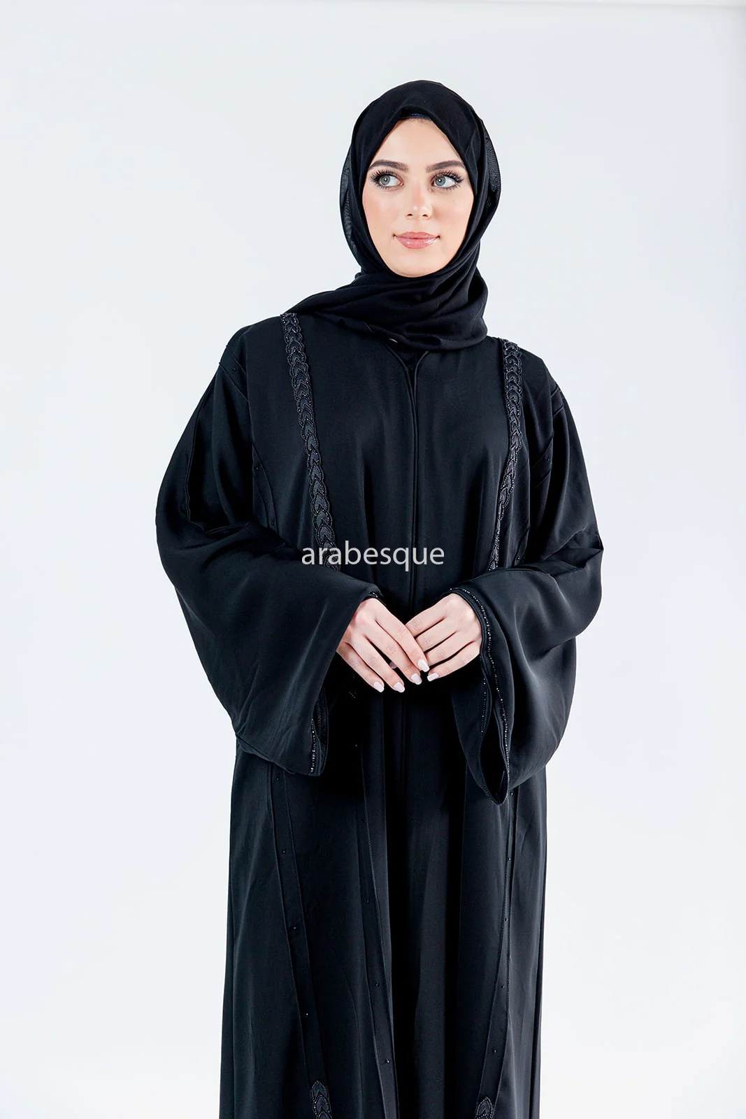 Black Open Abaya – Luxury Braid Pattern Embellished Design - Image 3