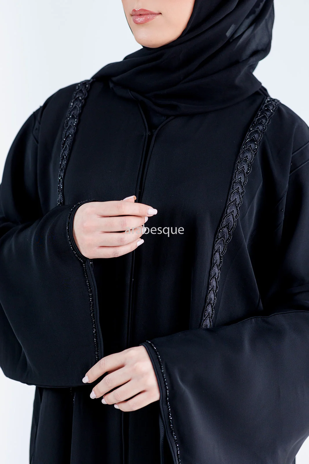 Black Open Abaya – Luxury Braid Pattern Embellished Design - Image 4