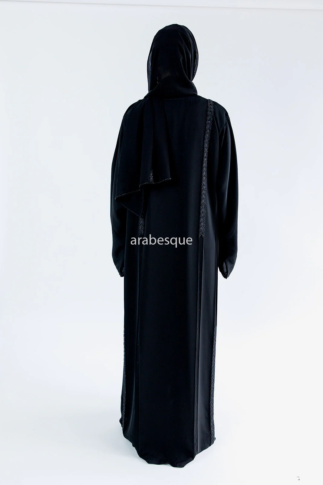 Black Open Abaya – Luxury Braid Pattern Embellished Design - Image 5