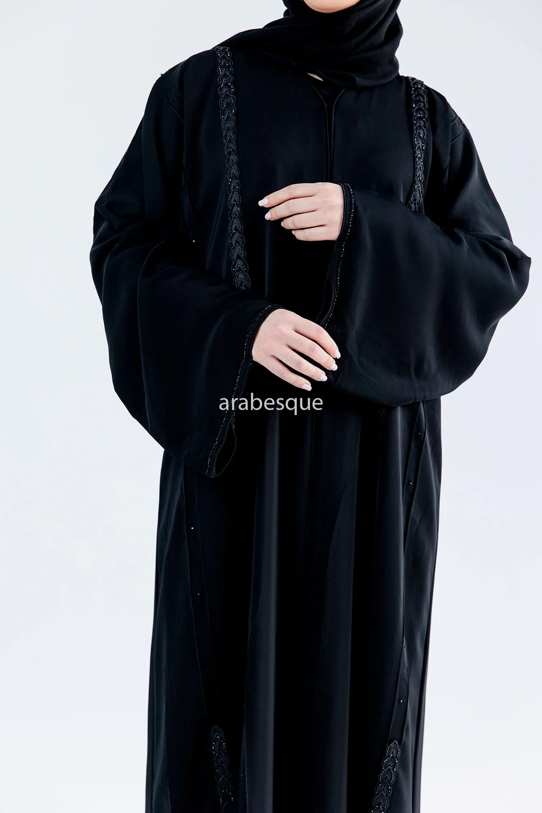 Black Open Abaya – Luxury Braid Pattern Embellished Design - Image 6