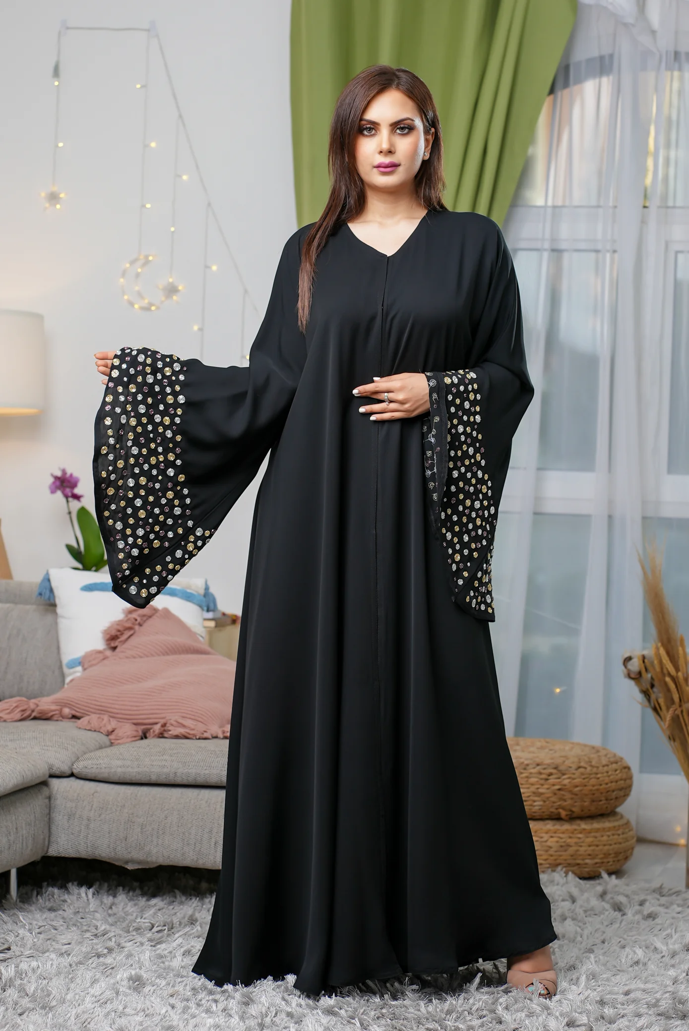 Black Open Abaya – Luxury Circle Beaded Design with Wide Sleeves - Image 3