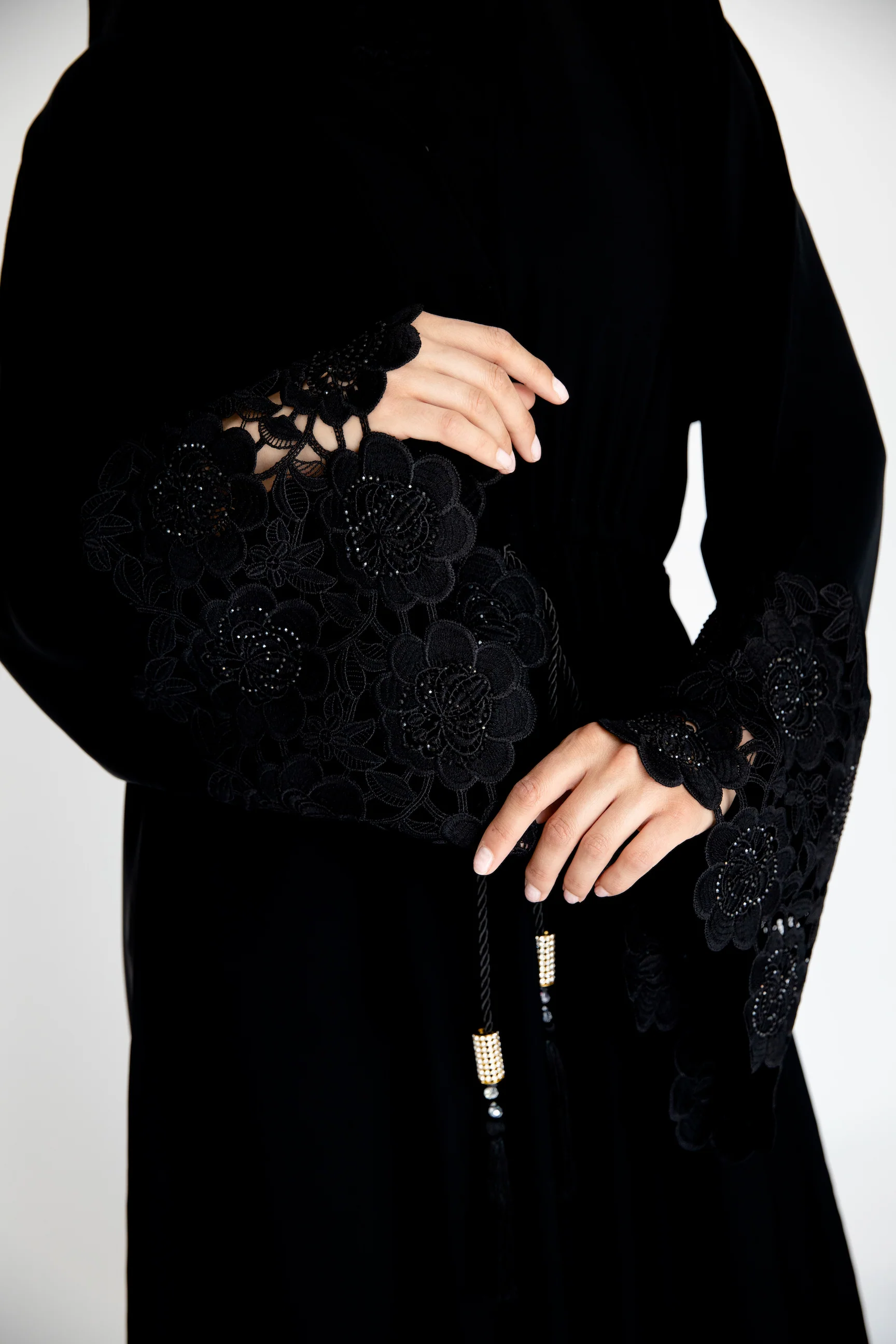 Black Open Abaya – Luxury Drawstring Design with Black Lace Trim - Image 4