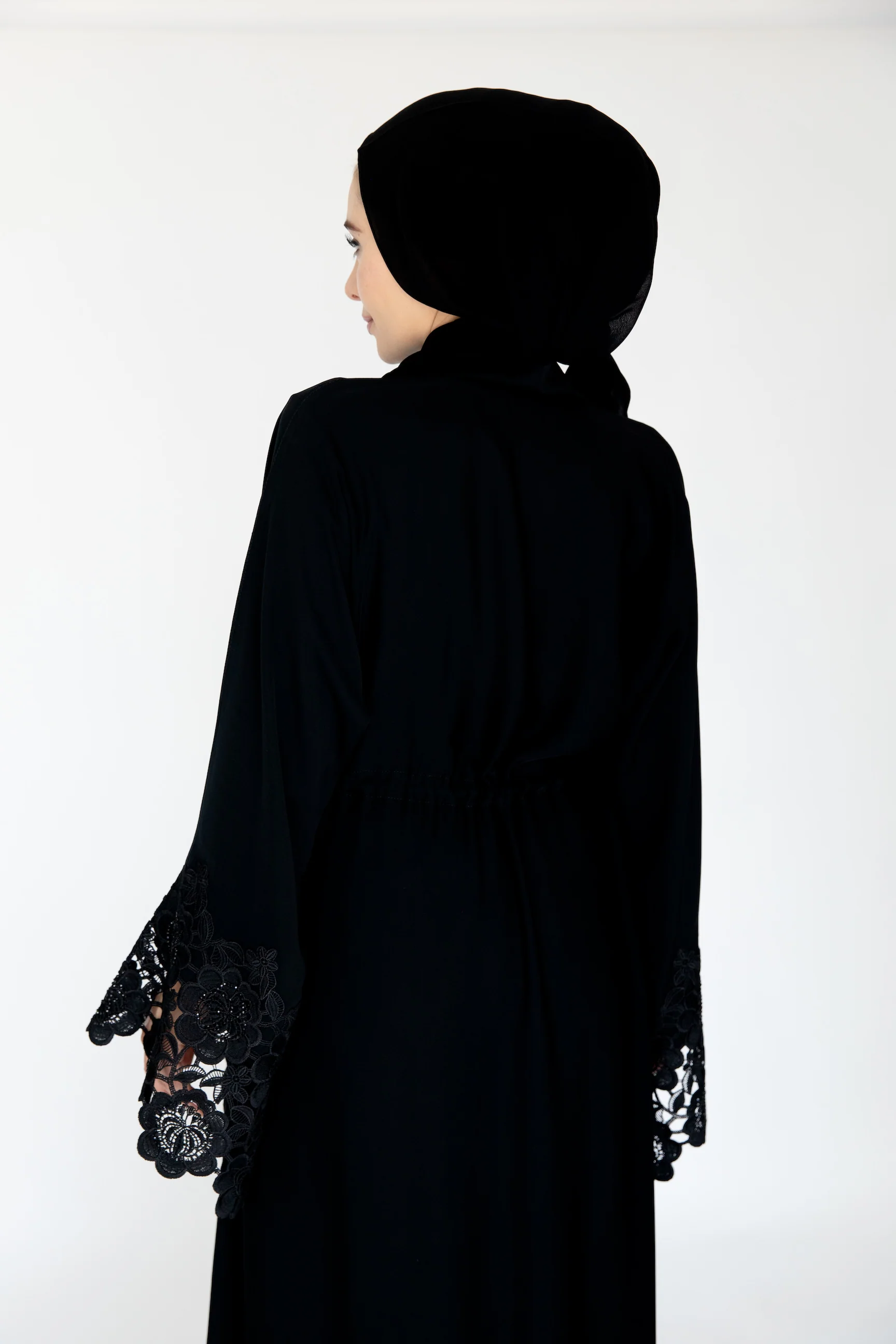 Black Open Abaya – Luxury Drawstring Design with Black Lace Trim - Image 5