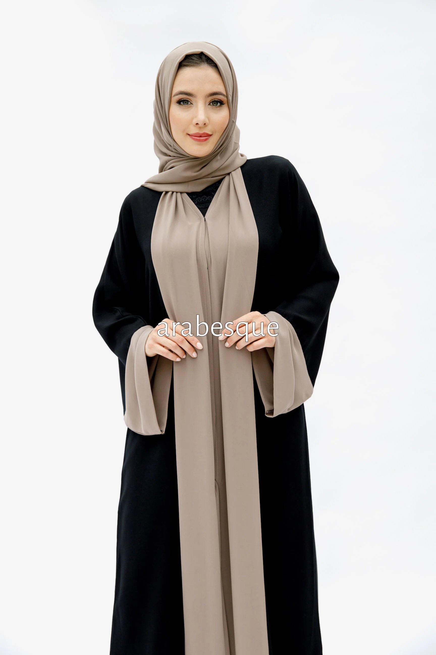 Black Open Abaya – Luxe Piping Plain Design with Chiffon Trim - Image 3