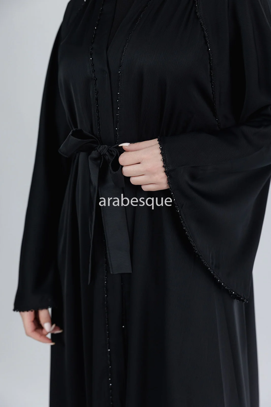 Black Open Abaya – Umbrella Cut Design with Threaded Beadwork Detailing - Image 4