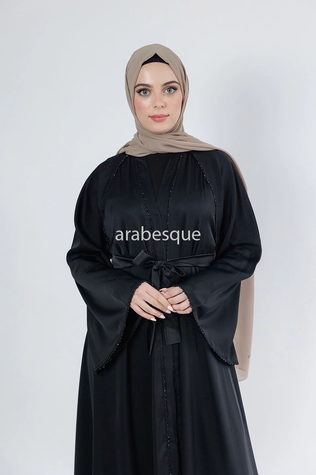 Black Open Abaya – Umbrella Cut Design with Threaded Beadwork Detailing - Image 5