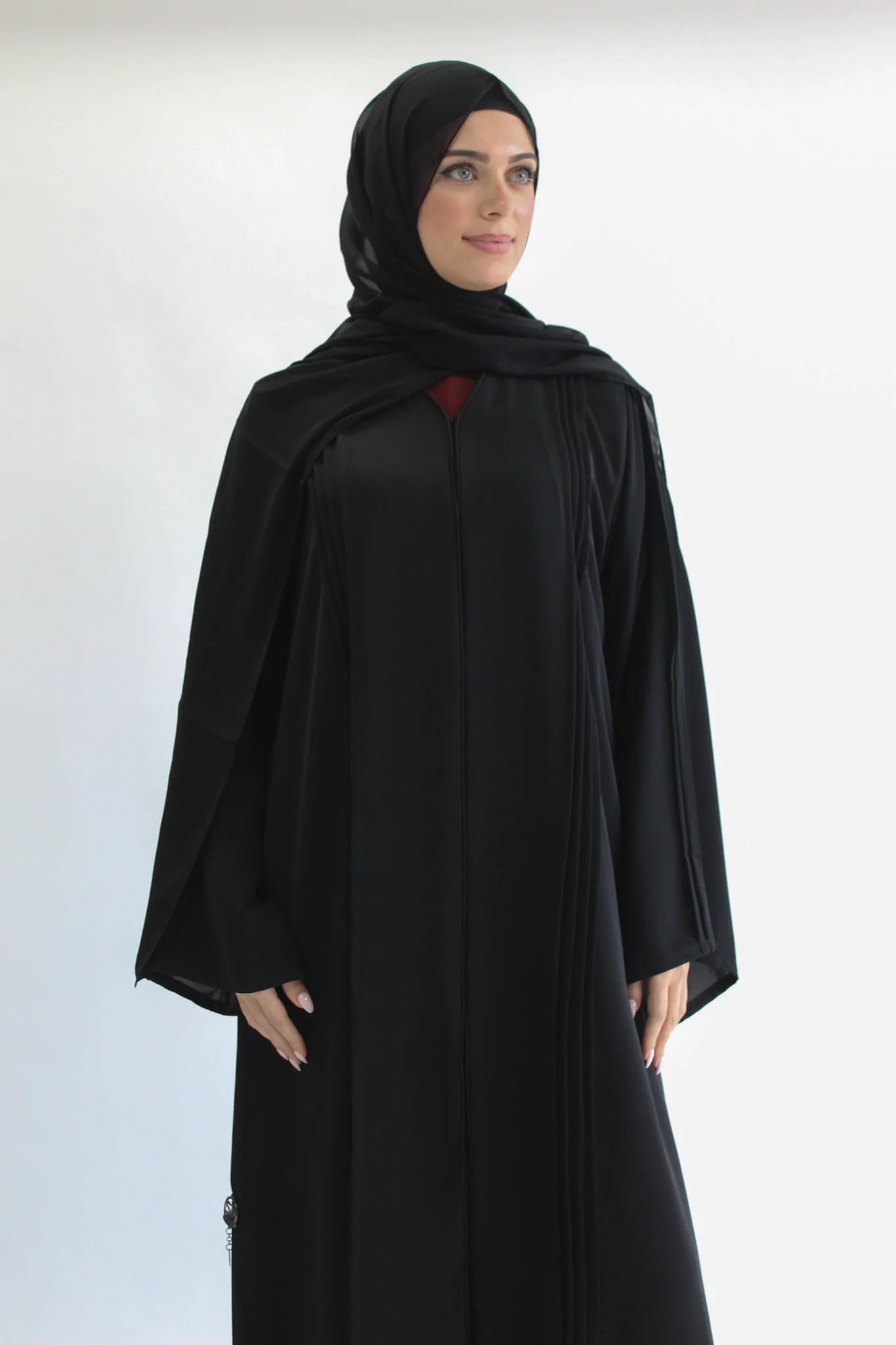 Black Open Abayas - Plain Luxury Design with Folds - Image 3