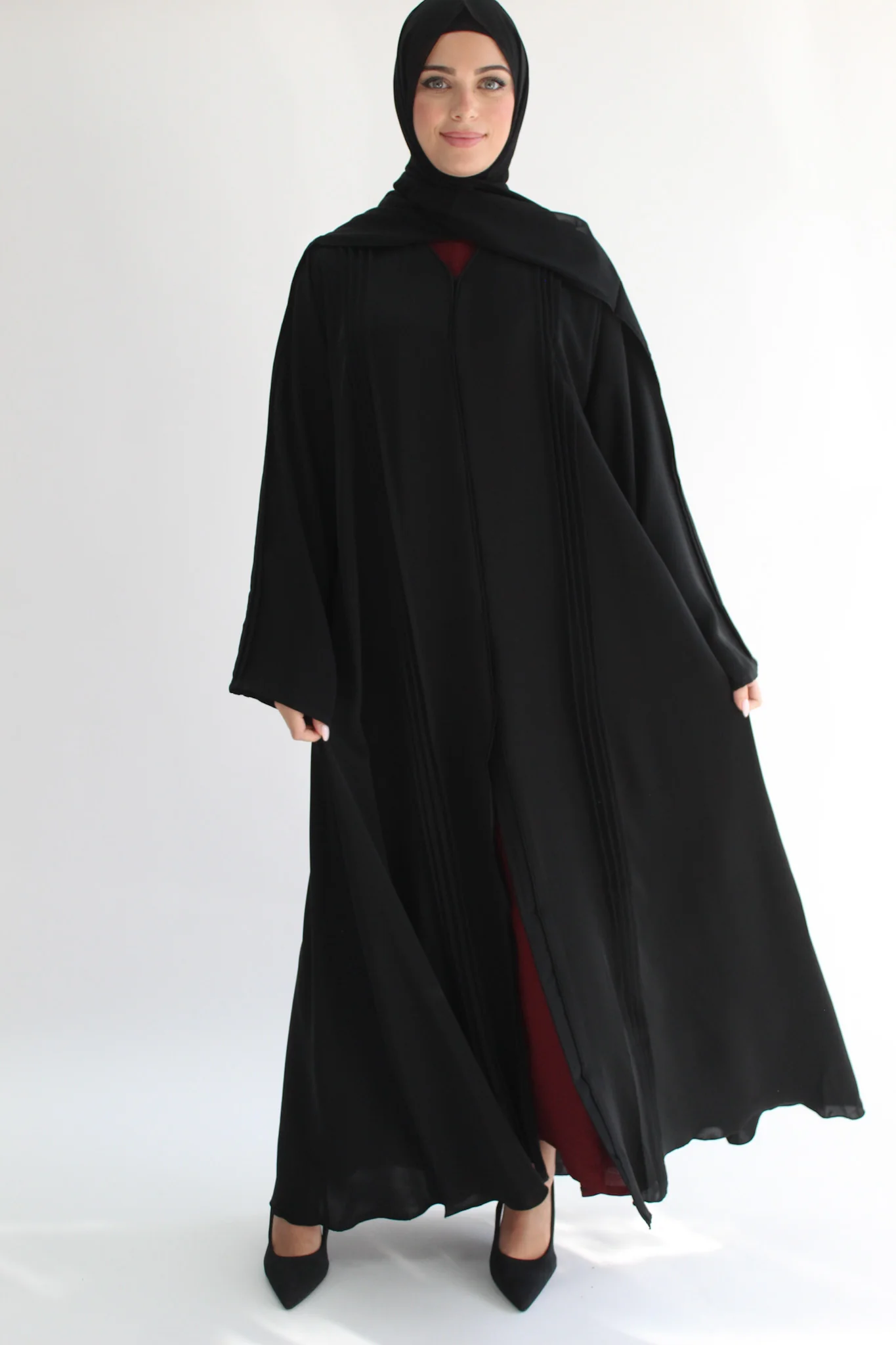 Black Open Abayas - Plain Luxury Design with Folds - Image 5