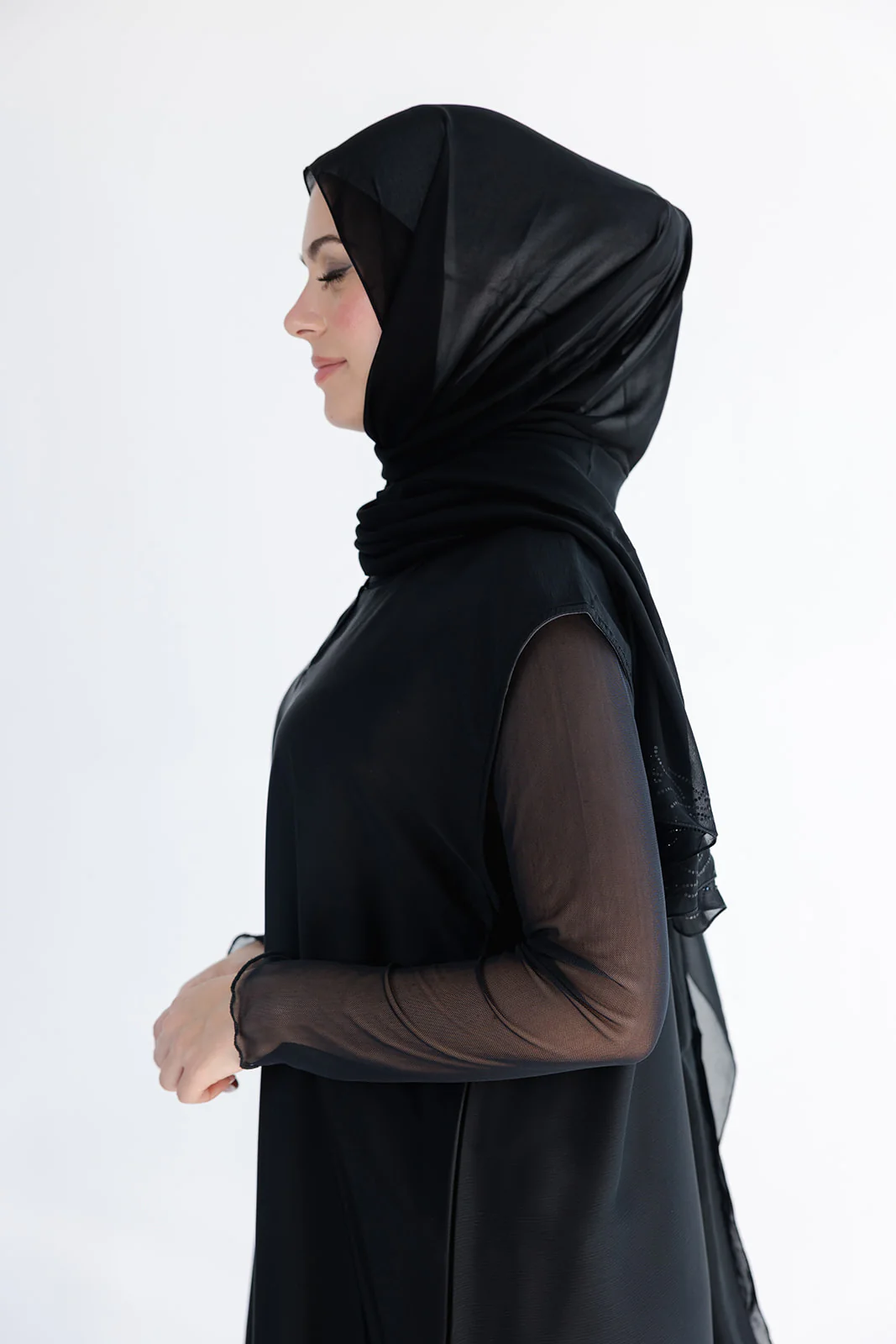 Black Ripple Satin Polyester Sleeveless Slip Dress - Image 3