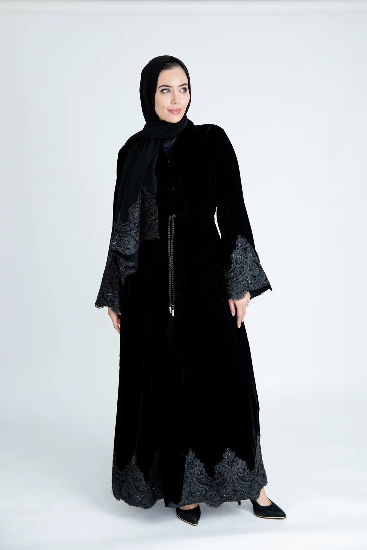 Black Velvet Open Abaya – Luxe Black Lace Design with Drawstring Waist - Image 6