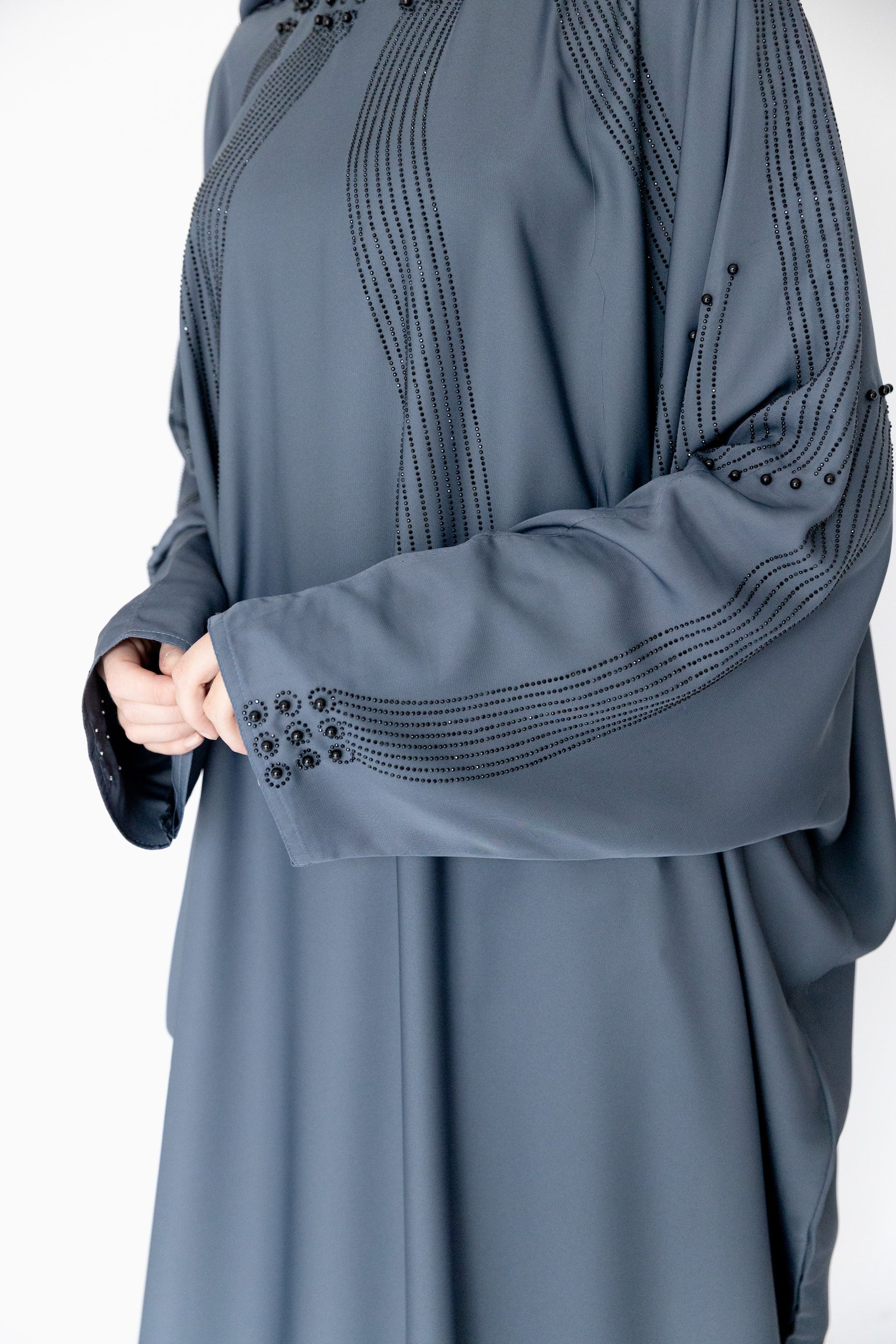 Blue Closed Abaya – Luxurious Batwing Design with Black Diamanté Pattern - Image 5