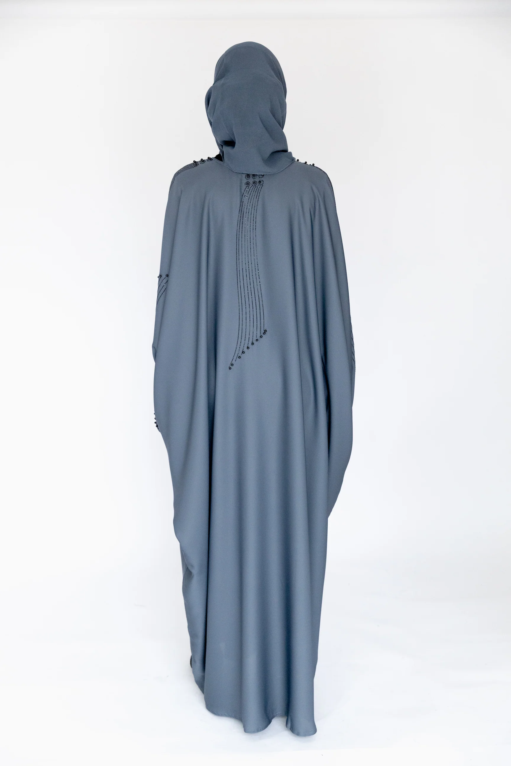 Blue Closed Abaya – Luxurious Batwing Design with Black Diamanté Pattern - Image 6