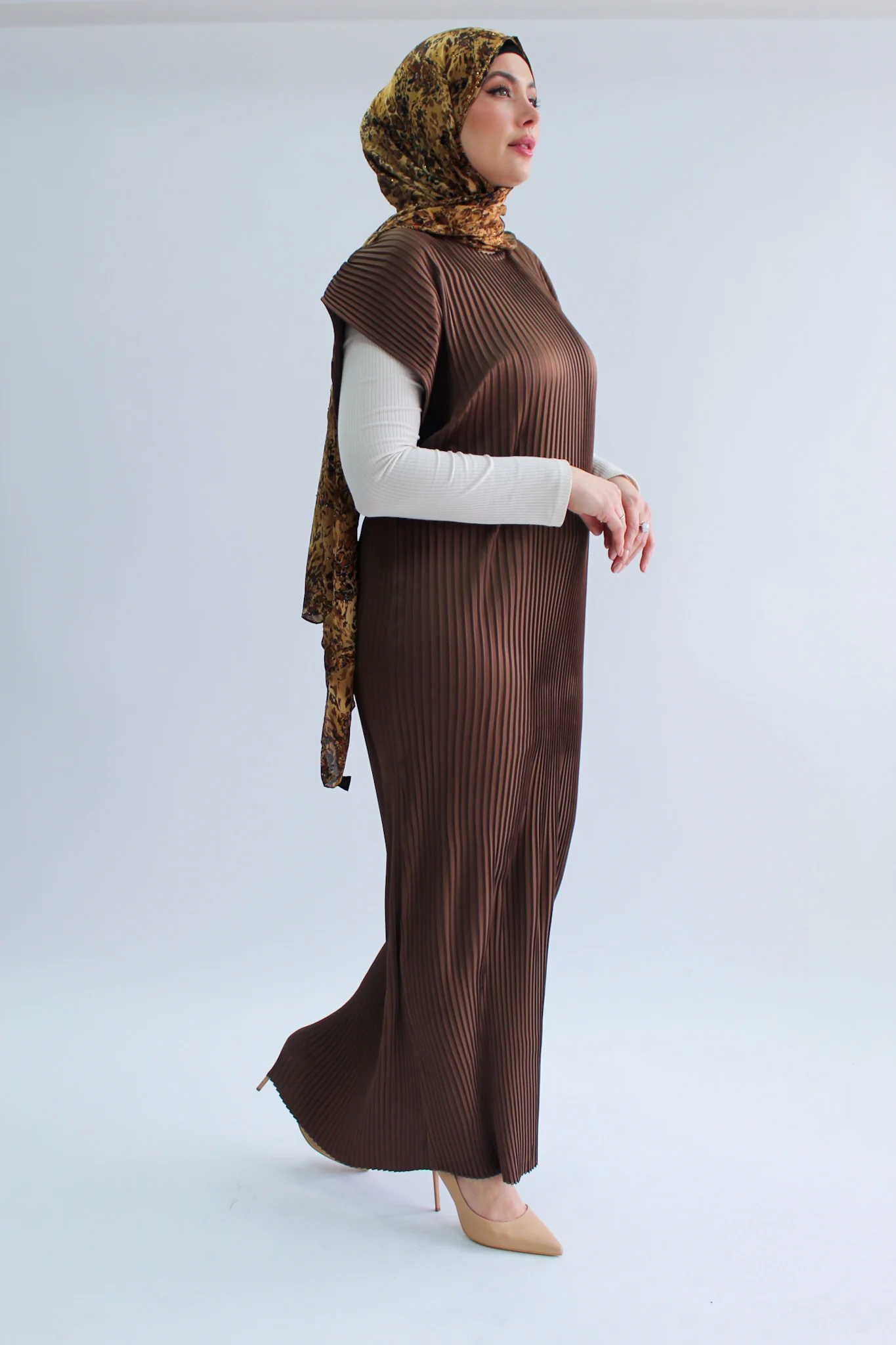 Brown Pleated Slip Dress  - Silky Ripple Satin Polyester Sleeveless - Image 3