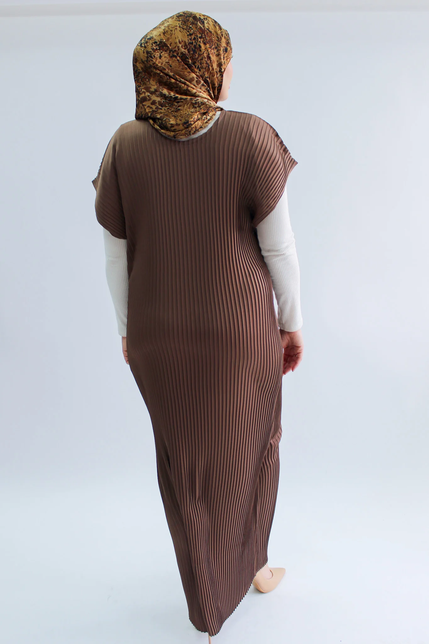 Brown Pleated Slip Dress  - Silky Ripple Satin Polyester Sleeveless - Image 4