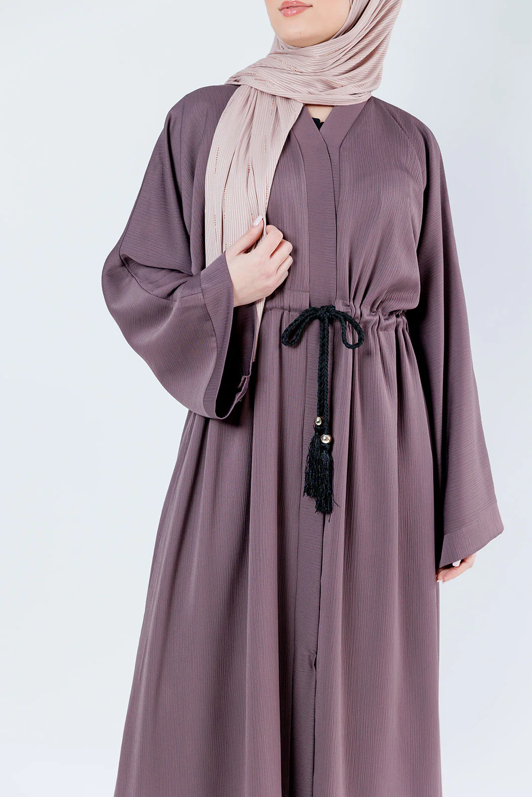 Dark Mauve Open Abaya – Plain Design, Drawstring Waist with Textured Finish - Image 4