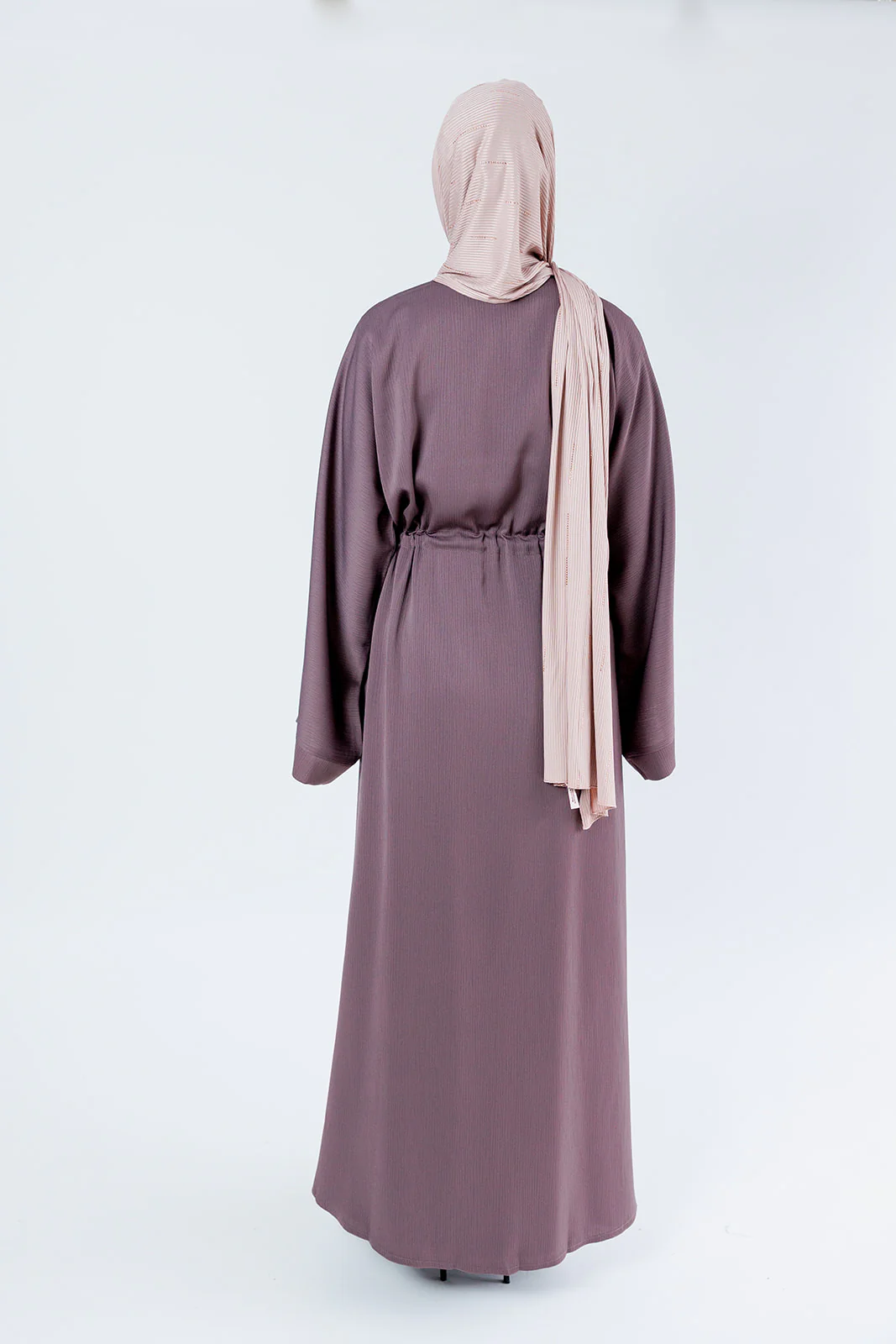 Dark Mauve Open Abaya – Plain Design, Drawstring Waist with Textured Finish - Image 5