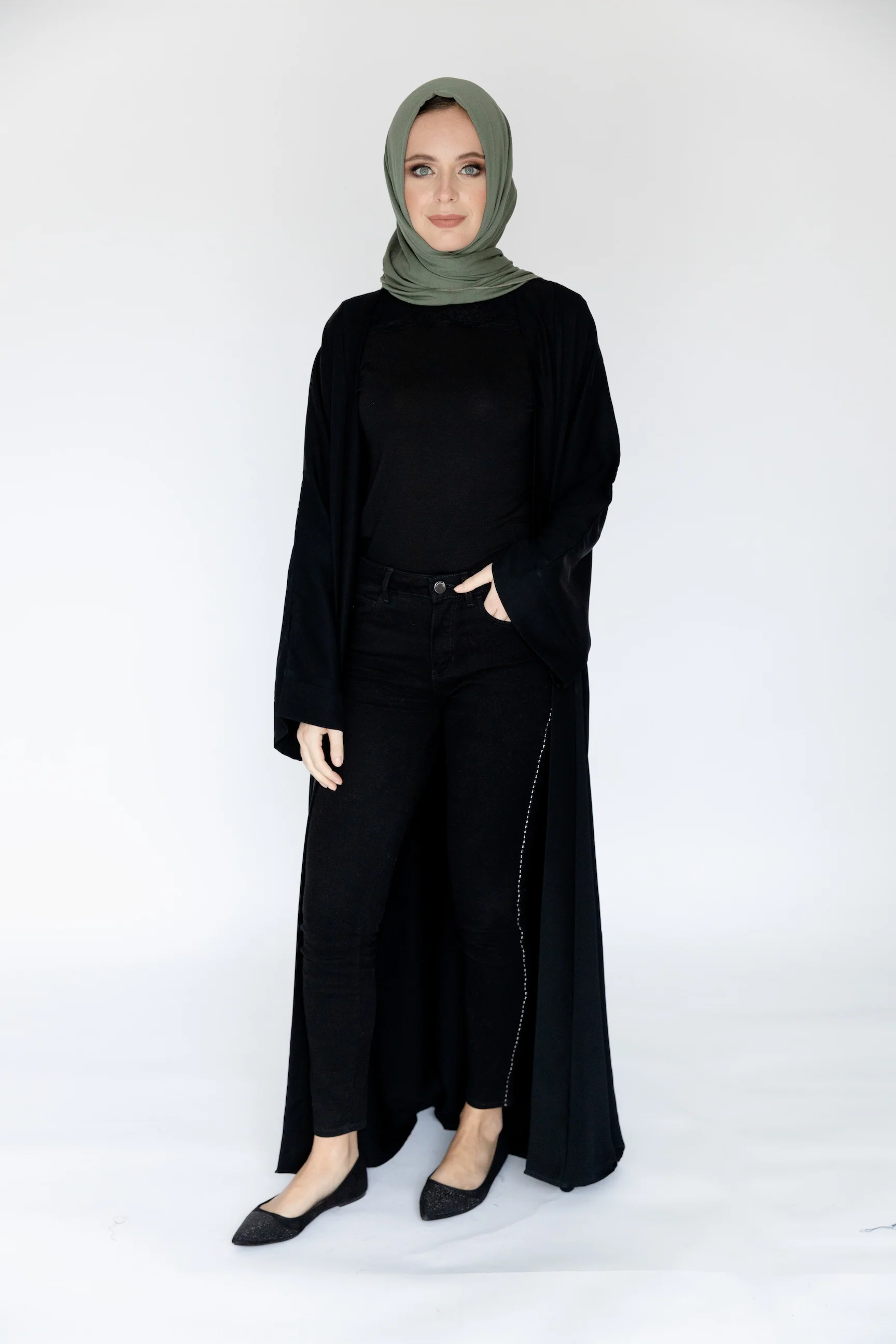 Black Double Layer Open Abaya – Inner Slip Attached - Image 3