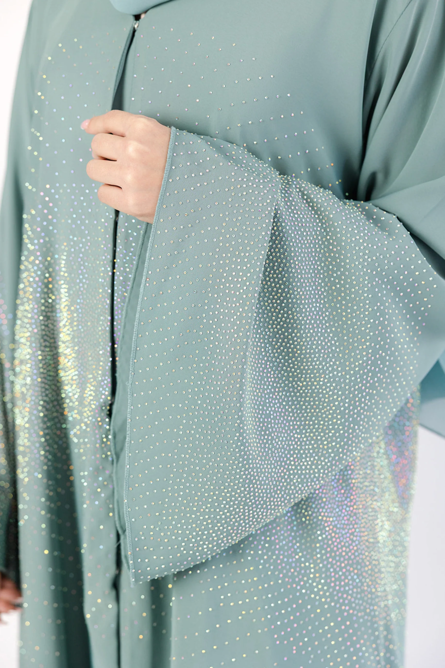 Dusty Mint Open Abaya – Luxury Nidha Fabric with Embellished Bell Sleeves - Image 3