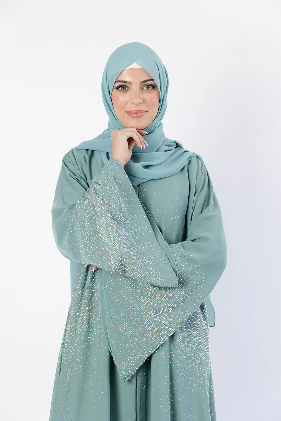 Dusty Mint Open Abaya – Luxury Nidha Fabric with Embellished Bell Sleeves - Image 4