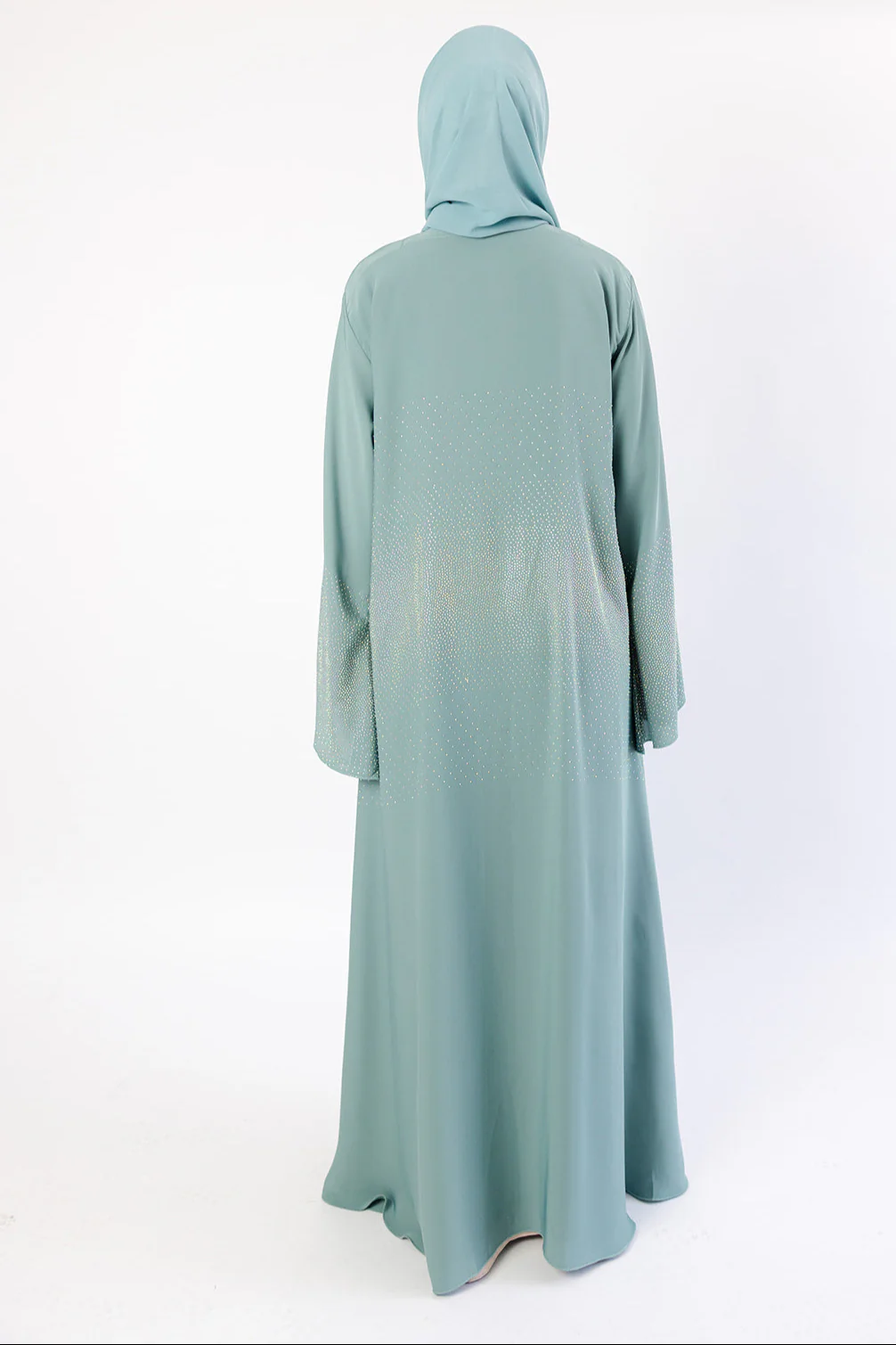 Dusty Mint Open Abaya – Luxury Nidha Fabric with Embellished Bell Sleeves - Image 5
